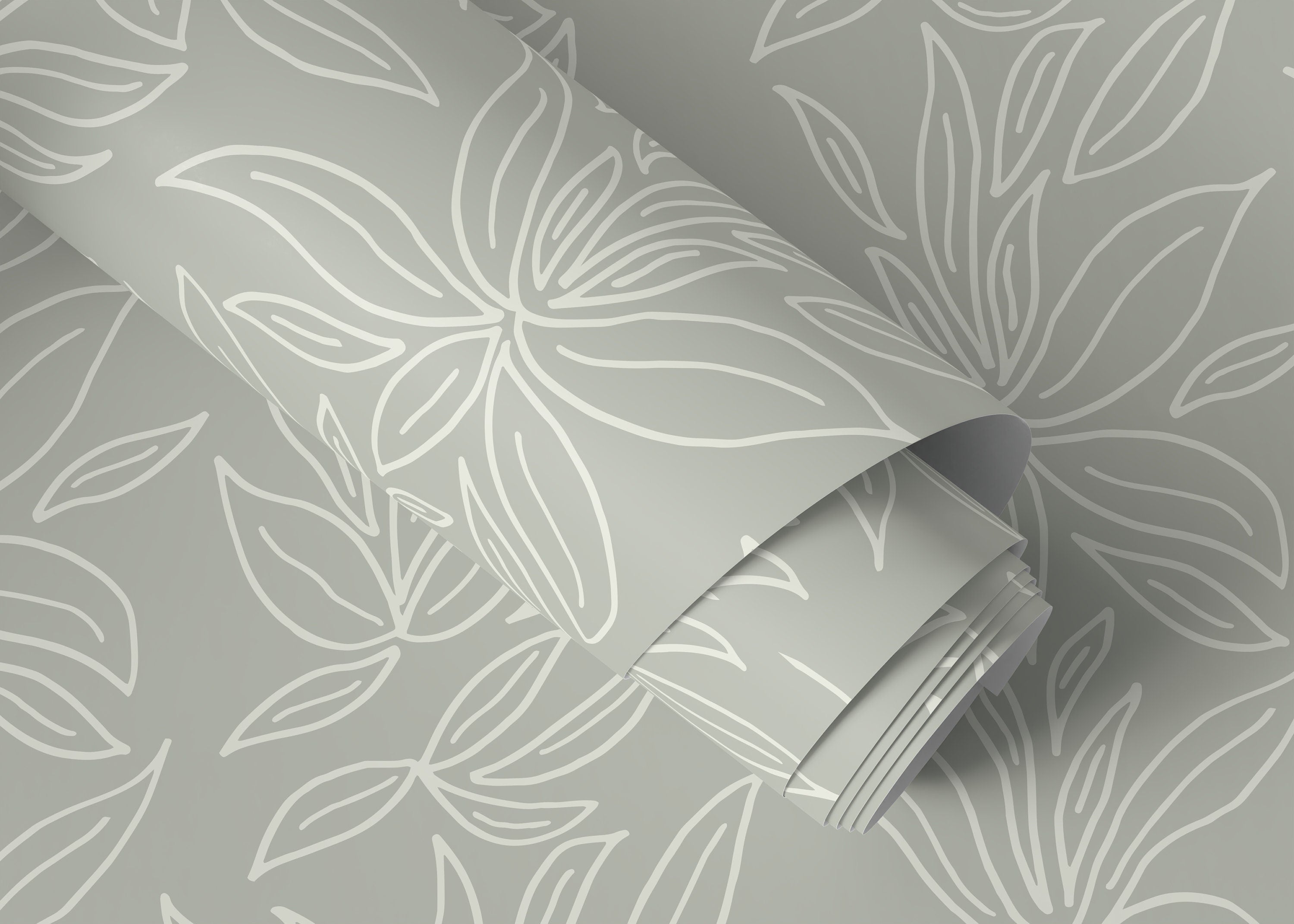 Botanical Wallpaper With A Minimalist Leaf Motif In Sage Green And White - D329