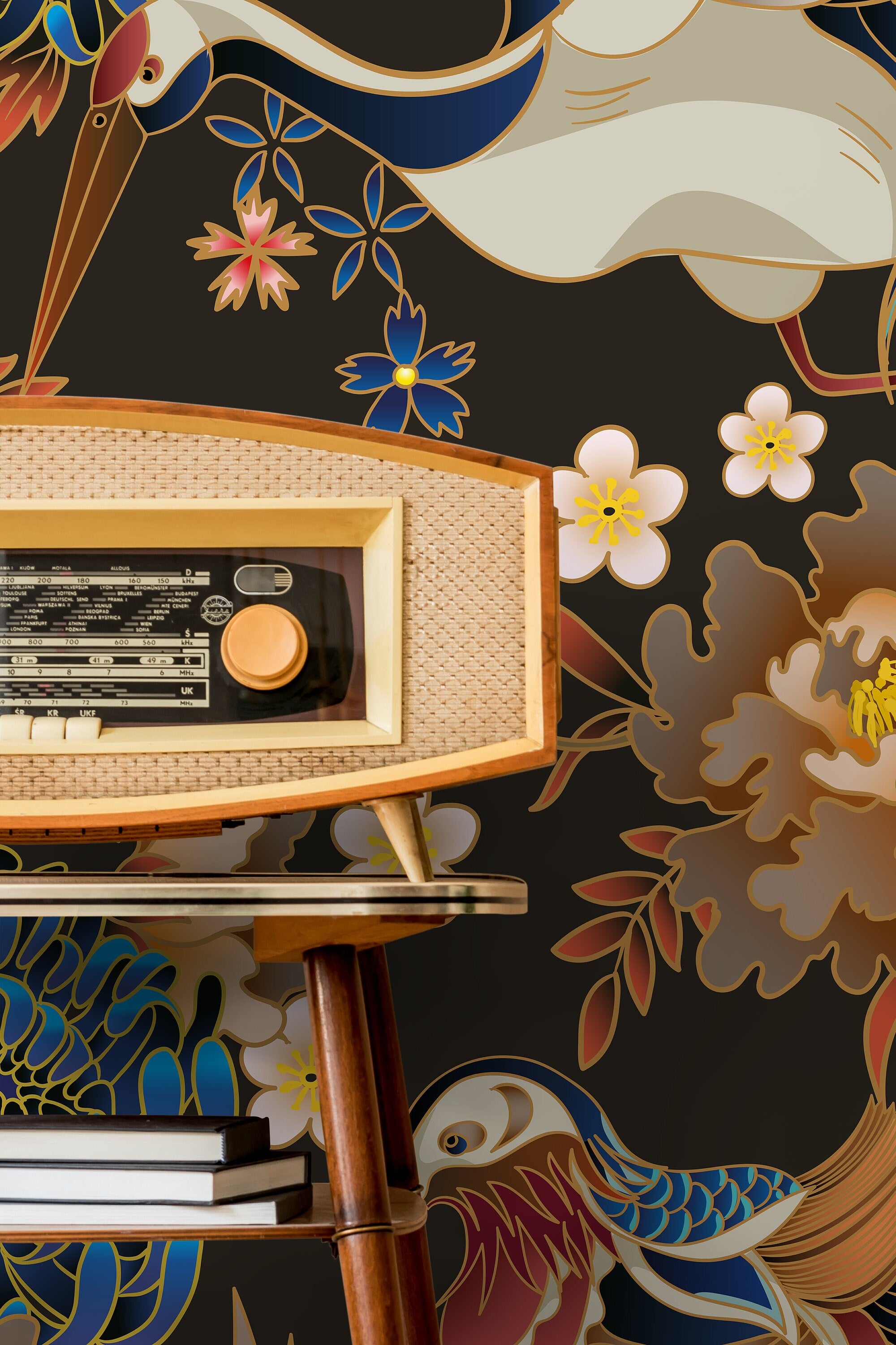 Chinoiserie Wallpaper Featuring Elegant Cranes And Florals In Blue, Gold, And Red - D245