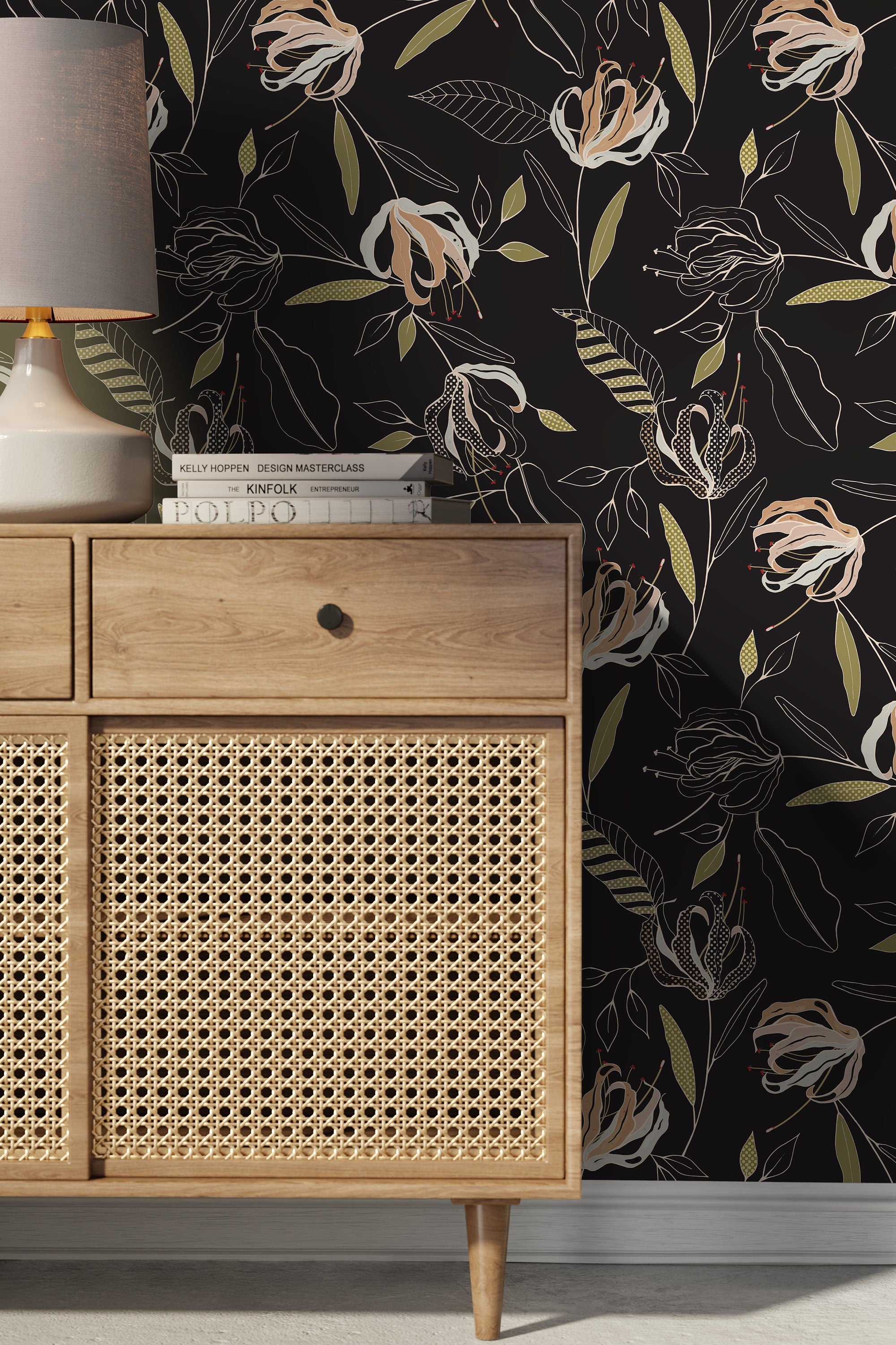 Floral Wallpaper With Stylized Lilies In Black, Pink, And Green - D200