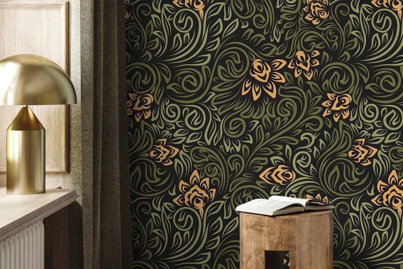 Art Nouveau Wallpaper With Swirling Floral Vines In Green, Gold, And Black - D159