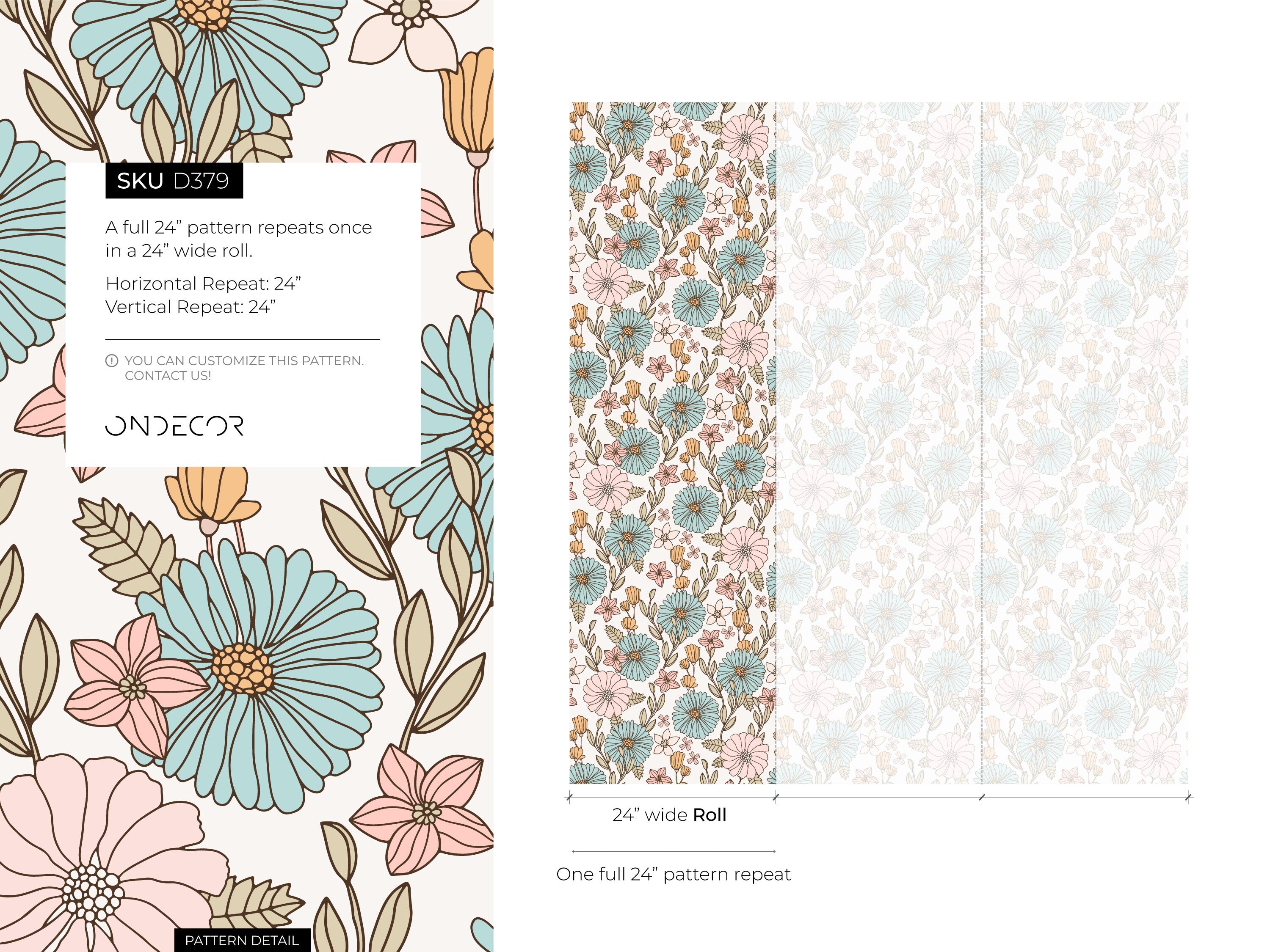 Retro Floral Wallpaper With A Groovy 70s Motif In Blue, Pink, And Orange - D379