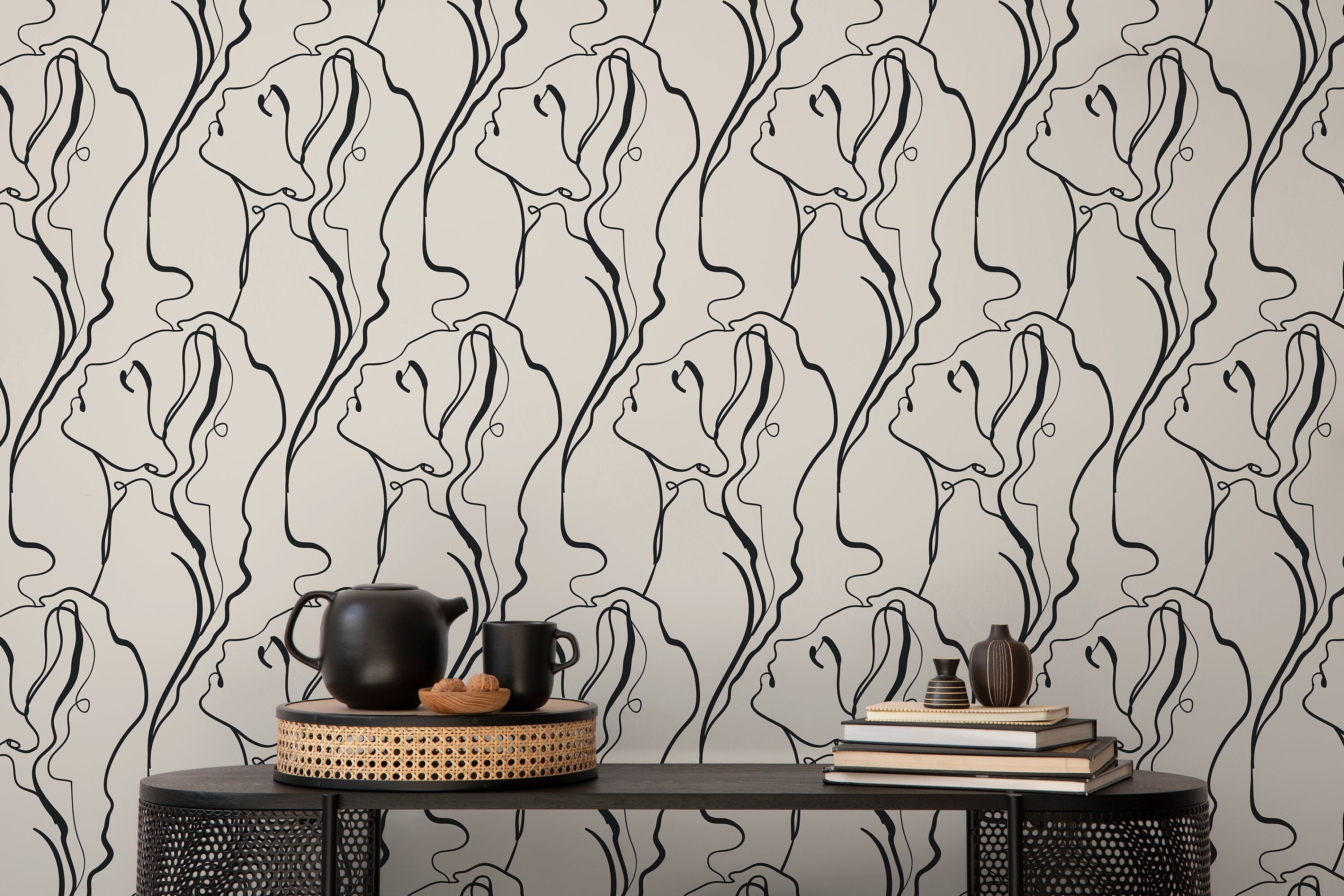 Line Art Wallpaper Featuring Elegant Face Silhouettes In Black And Beige - D383