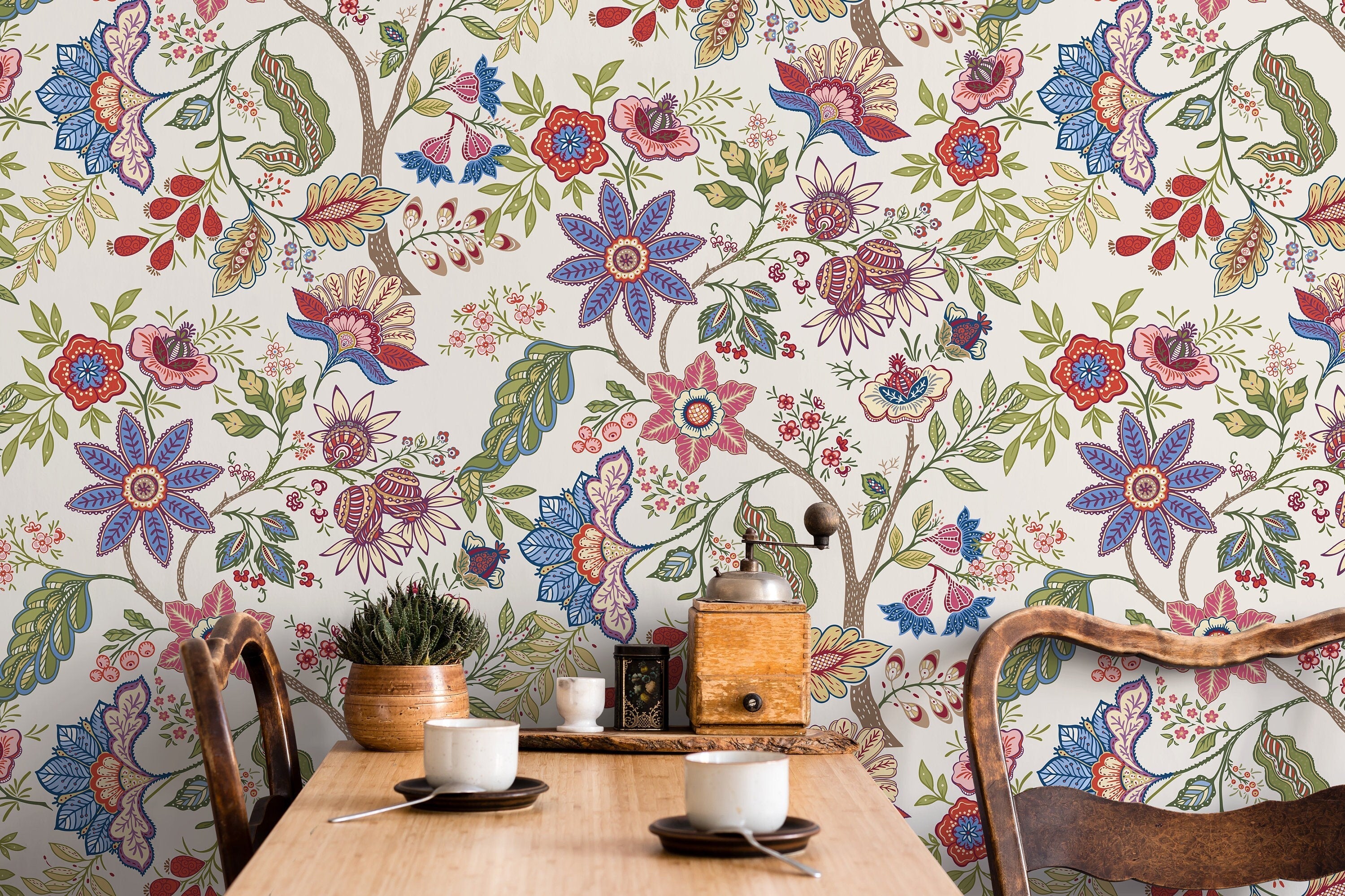 Chintz Wallpaper With A Stylized Floral Garden In Red, Blue, And Green - D384