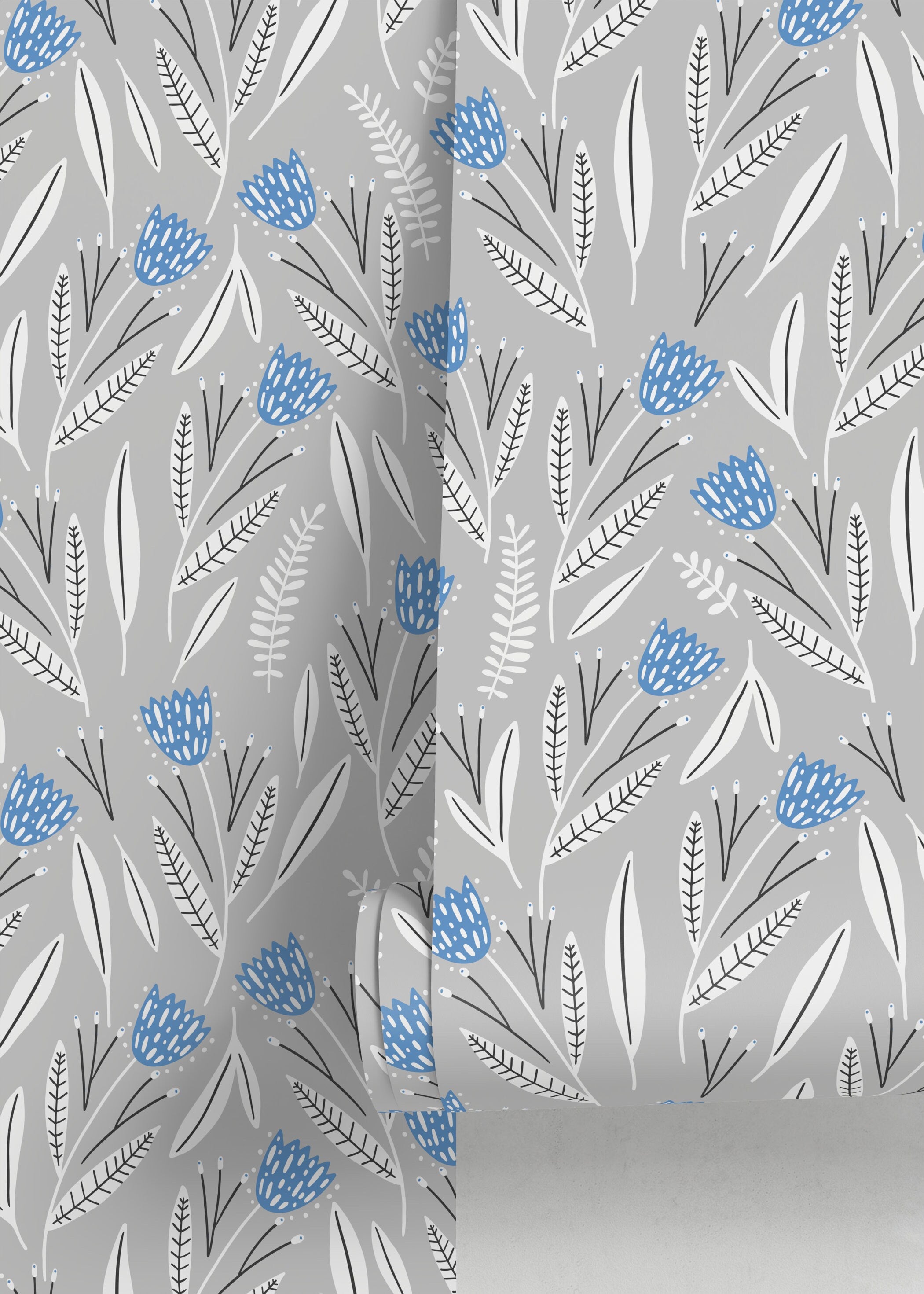 Floral Wallpaper With Stylized Bell Flowers In Blue, Gray, And White - D388