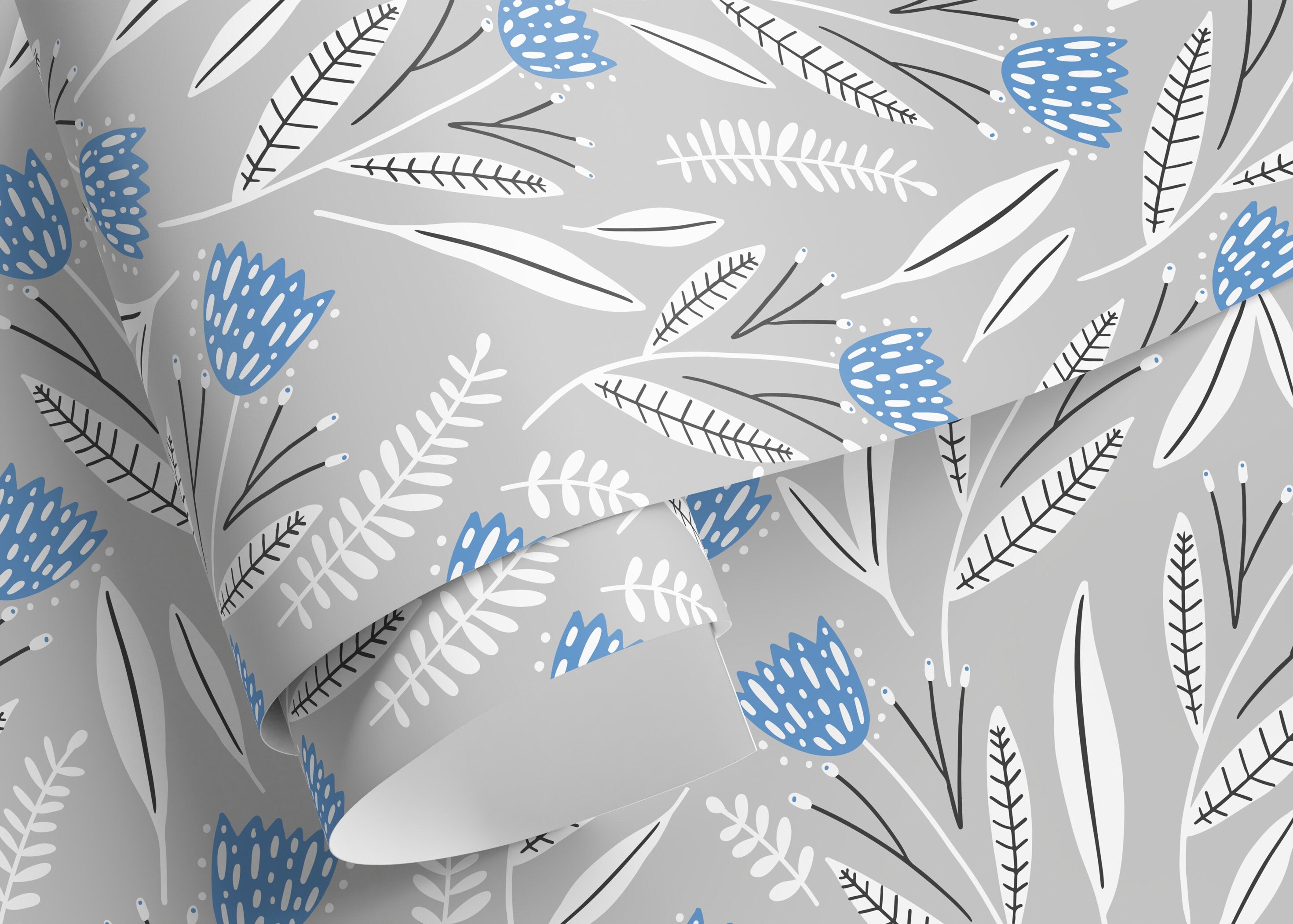 Floral Wallpaper With Stylized Bell Flowers In Blue, Gray, And White - D388
