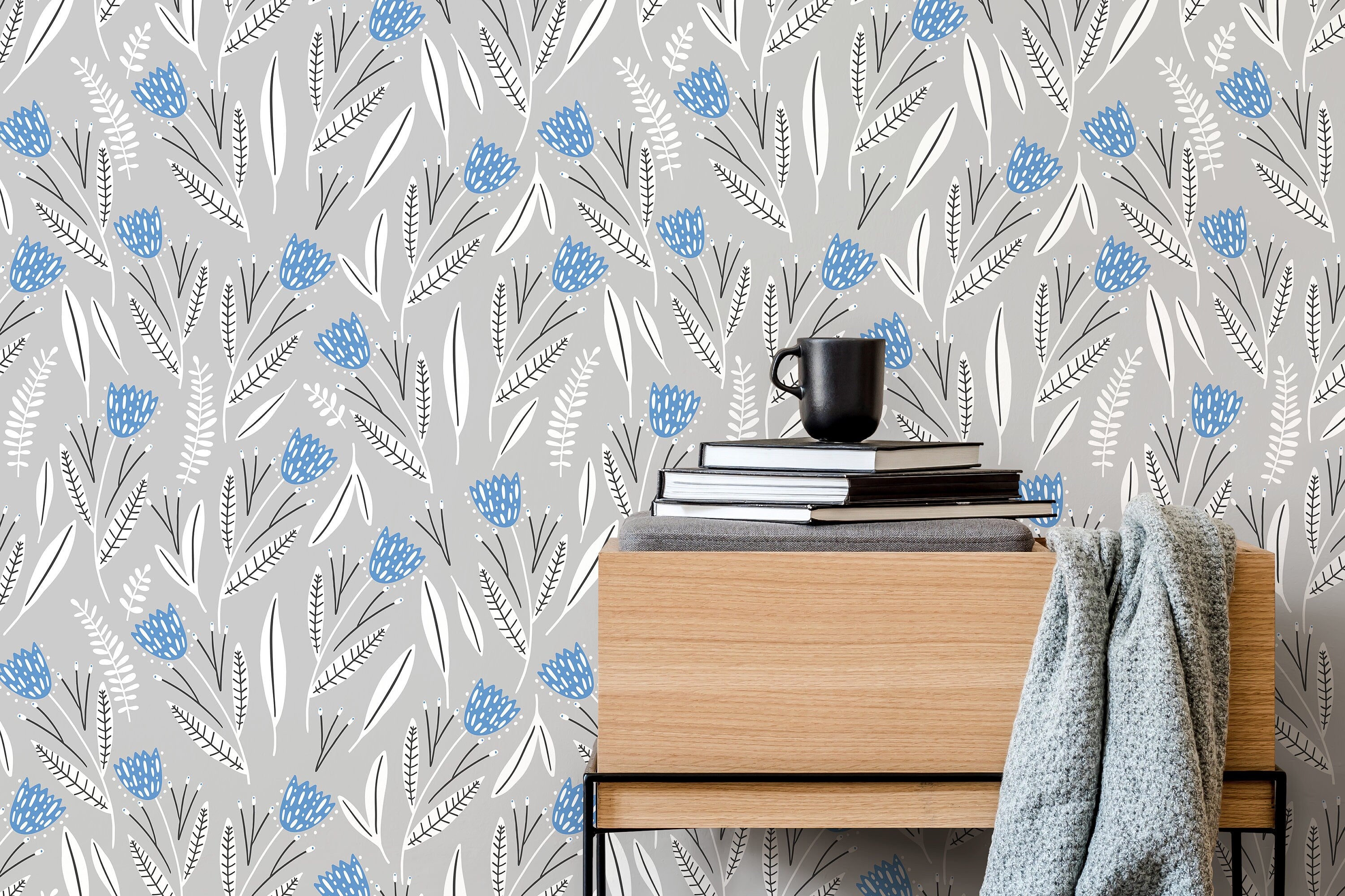 Floral Wallpaper With Stylized Bell Flowers In Blue, Gray, And White - D388