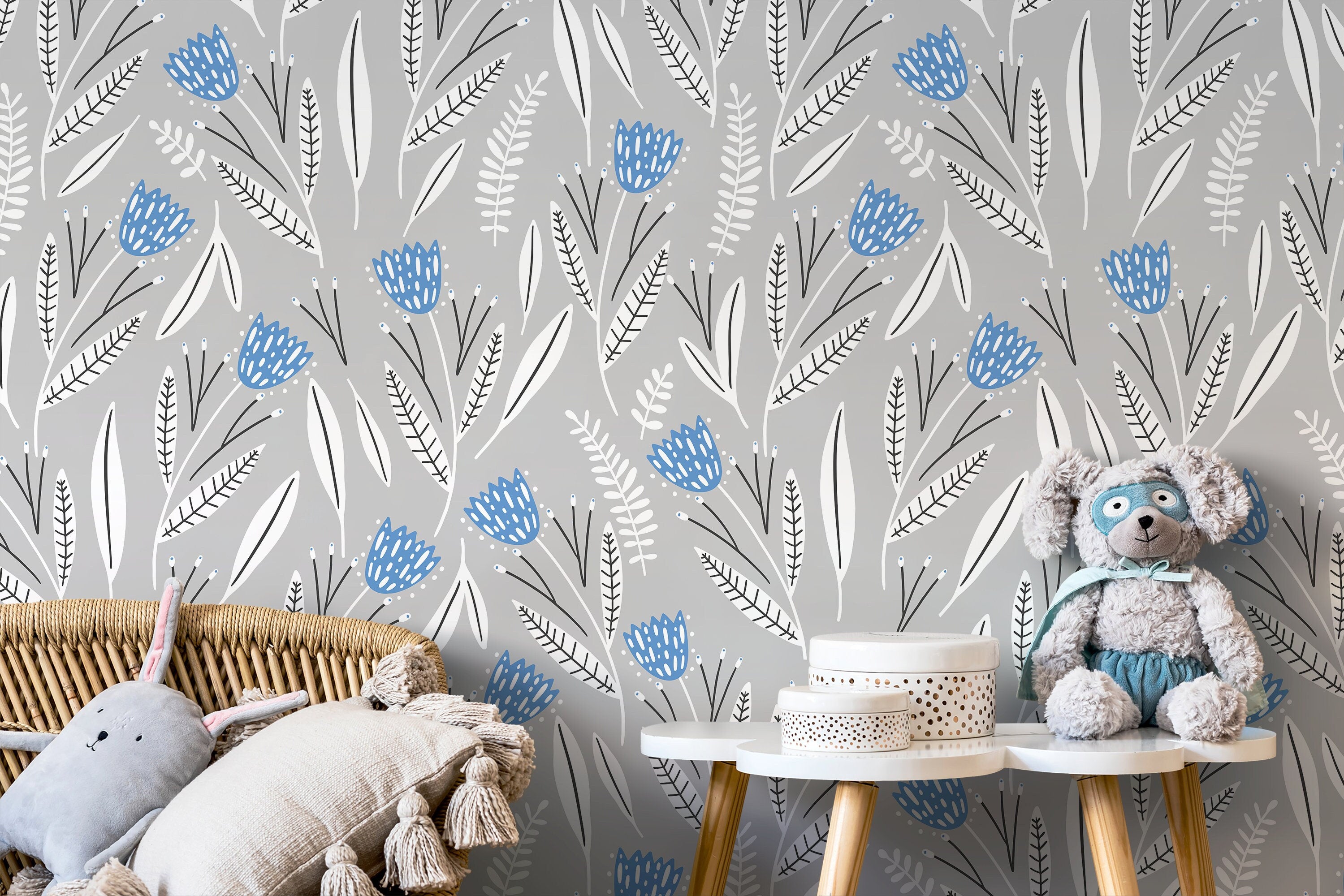Floral Wallpaper With Stylized Bell Flowers In Blue, Gray, And White - D388