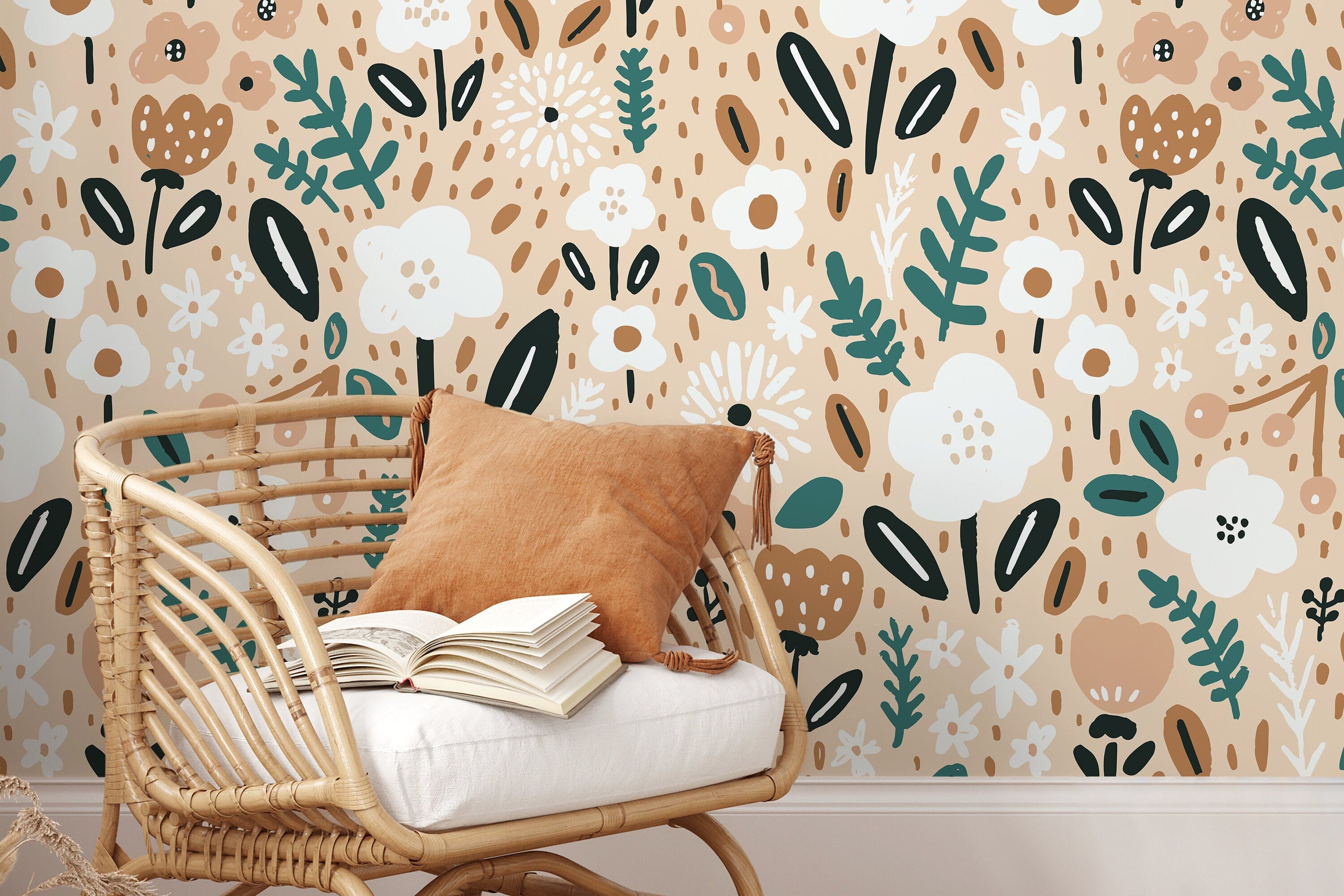 Floral Wallpaper With Stylized Blooms In Teal, Brown, And White - D391
