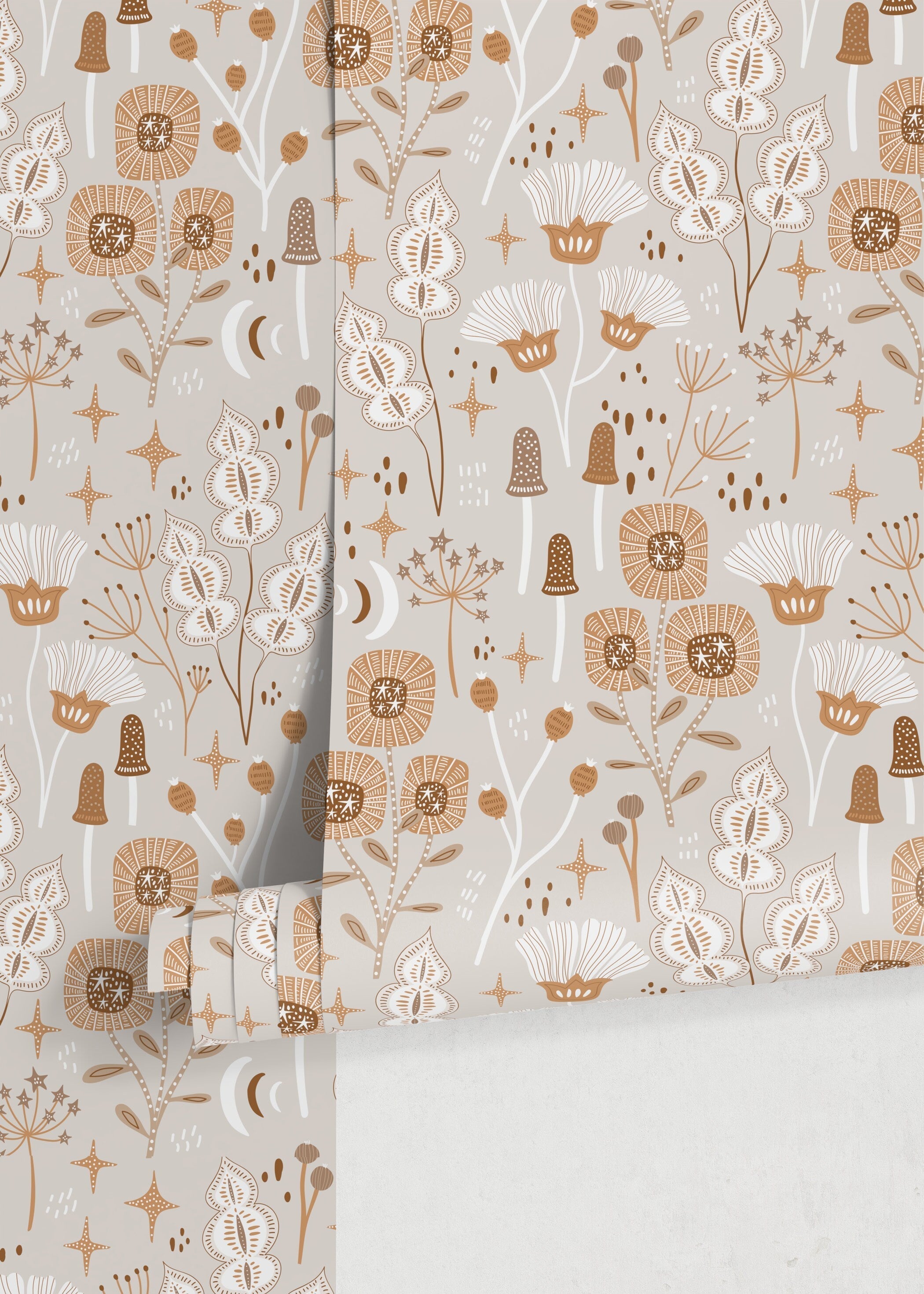 Floral Wallpaper With A Whimsical Woodland Motif In Brown, Tan, And White - D394
