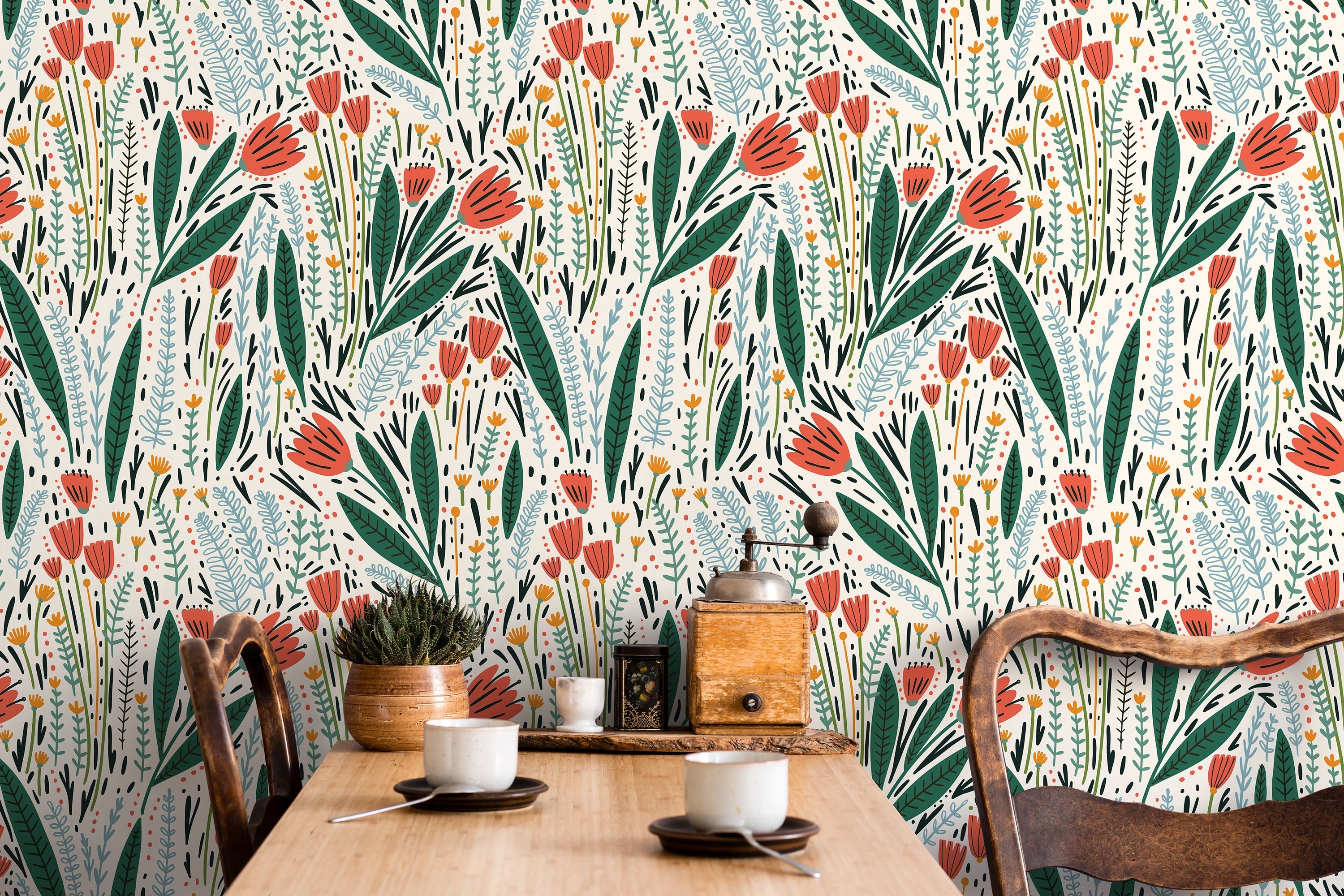 Floral Wallpaper Featuring Scandinavian Folk Art Florals In Coral, Green, And Blue - D398