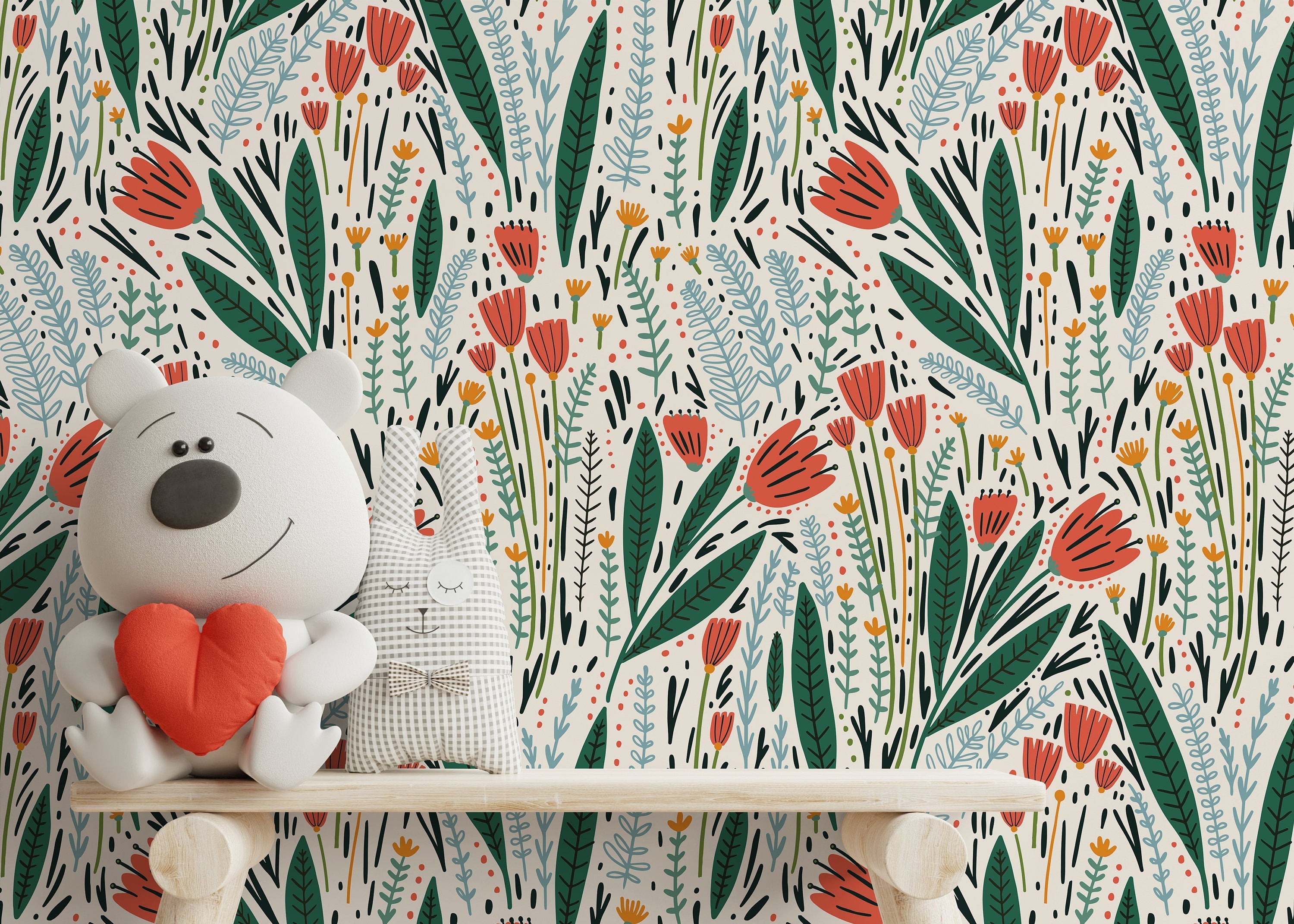 Floral Wallpaper Featuring Scandinavian Folk Art Florals In Coral, Green, And Blue - D398