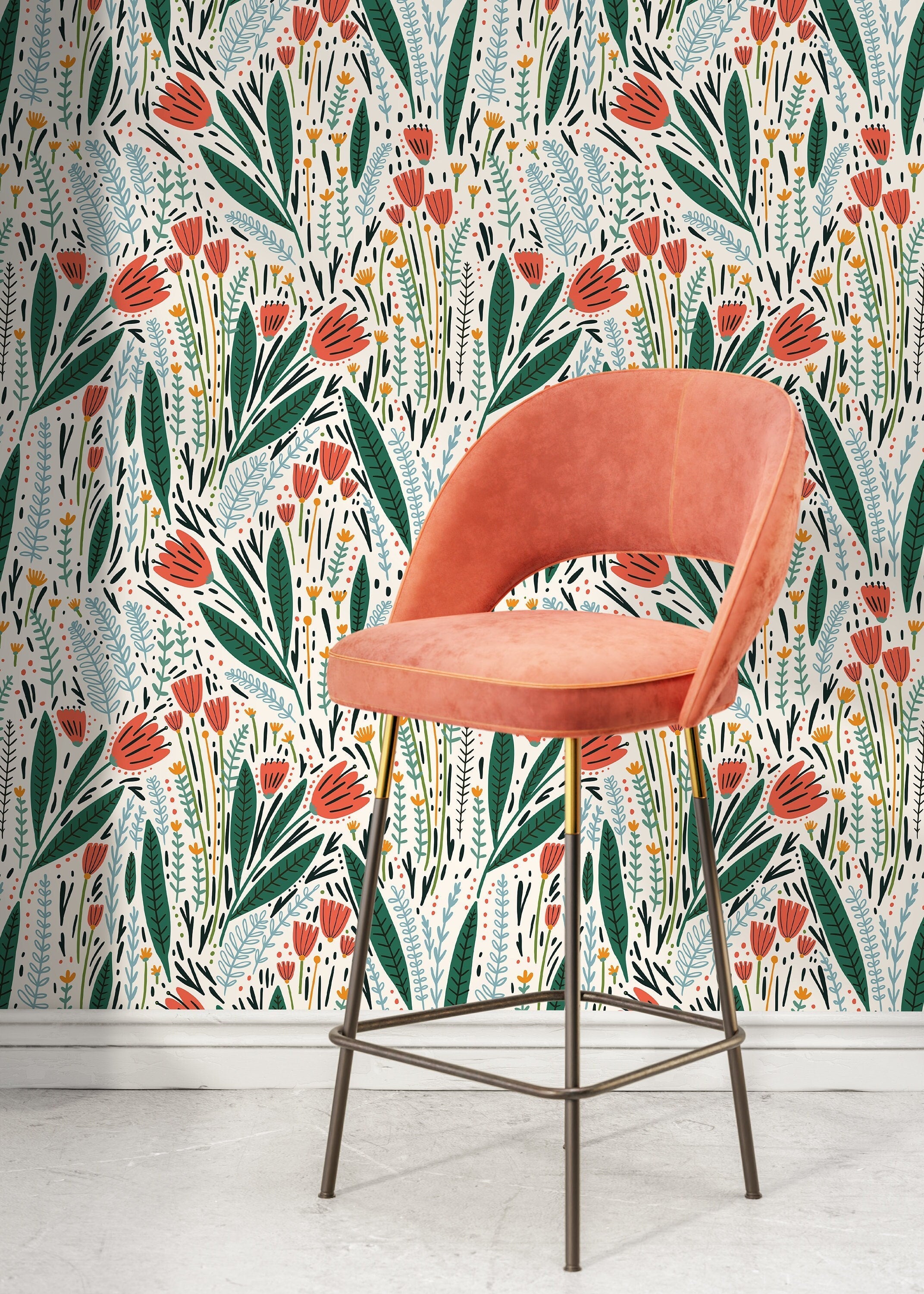 Floral Wallpaper Featuring Scandinavian Folk Art Florals In Coral, Green, And Blue - D398