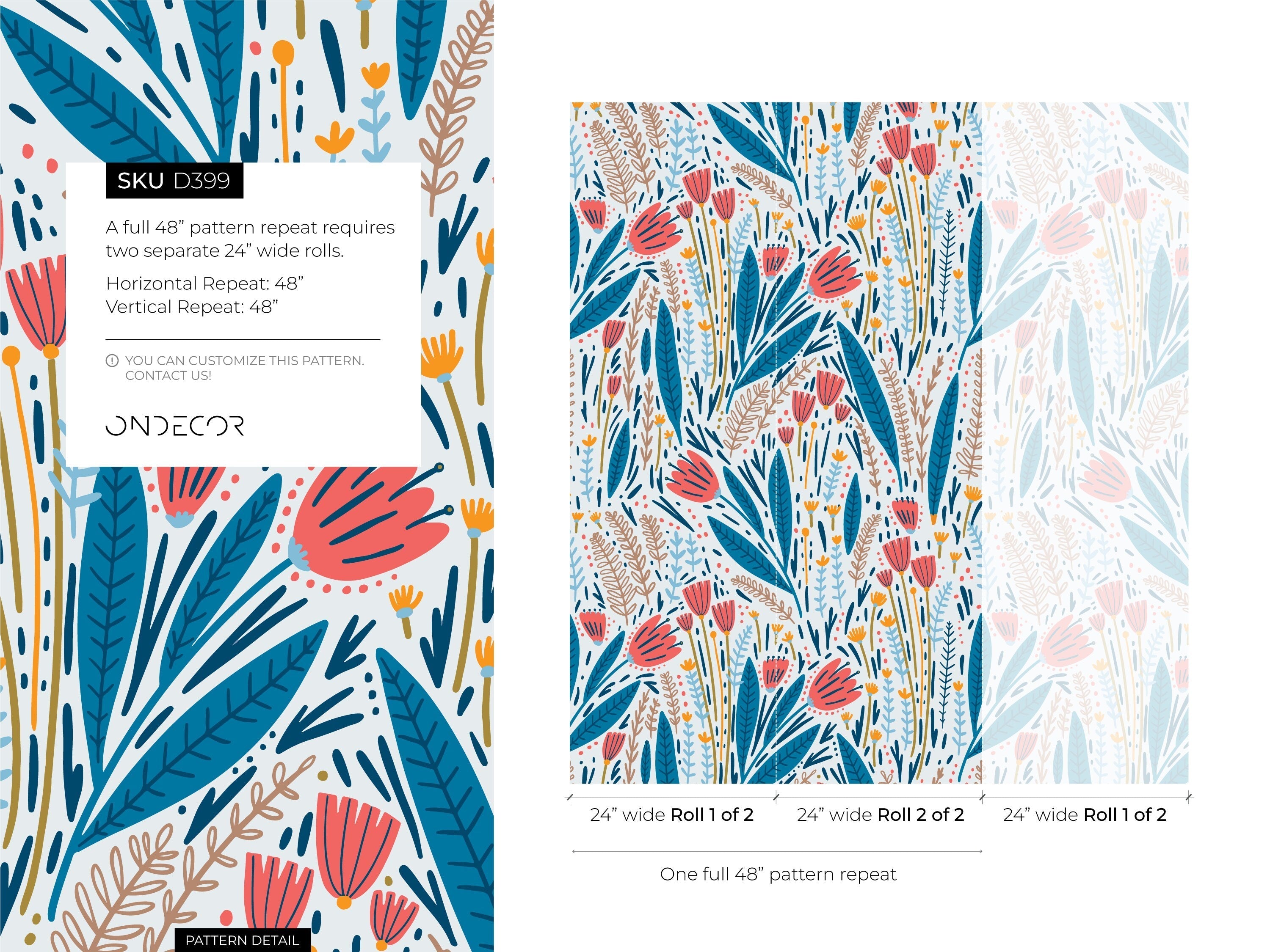 Scandinavian Wallpaper With A Stylized Floral Garden In Coral, Blue, And Ochre - D399