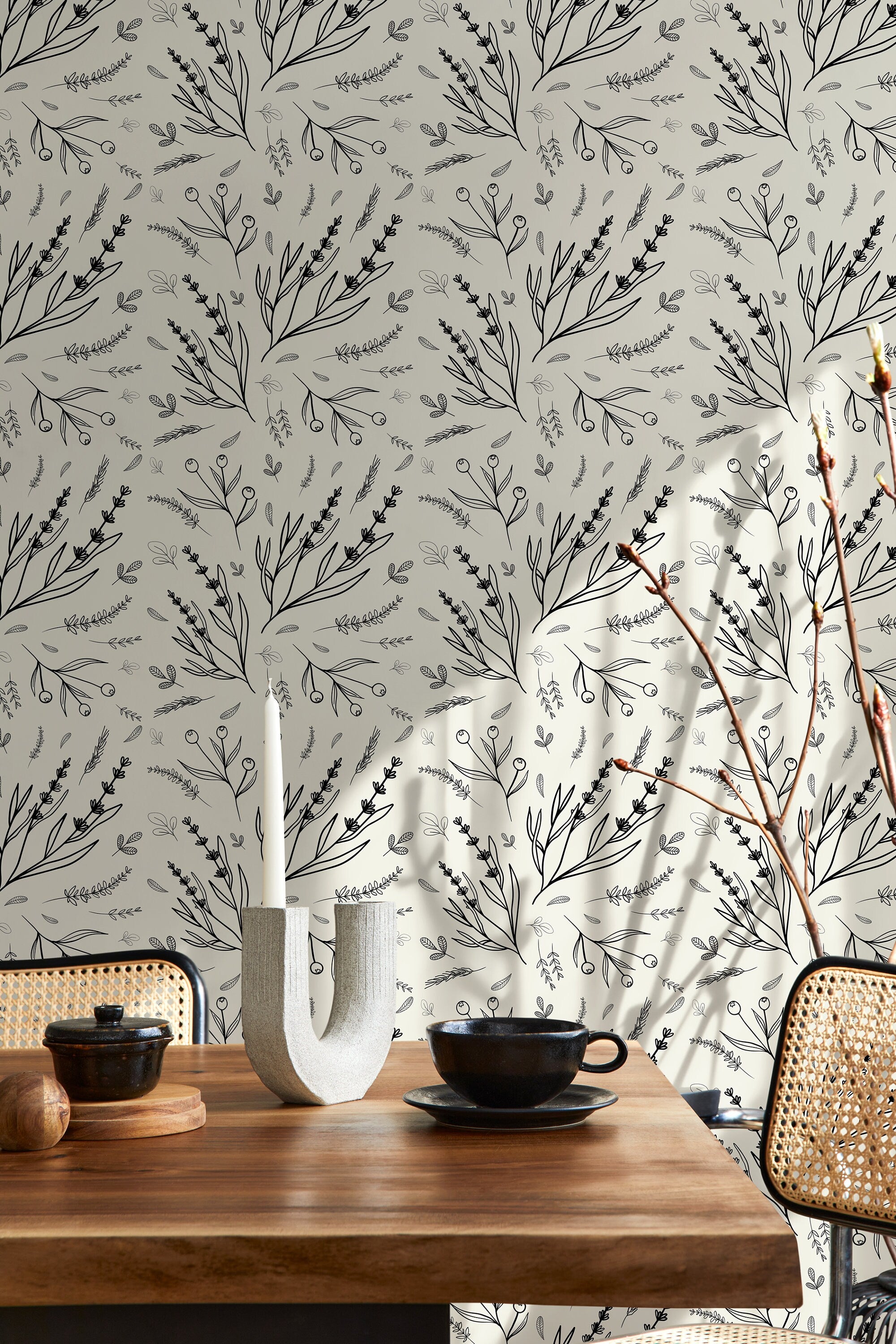 Botanical Wallpaper With Hand-drawn Wildflowers In Black And Light Gray - D400