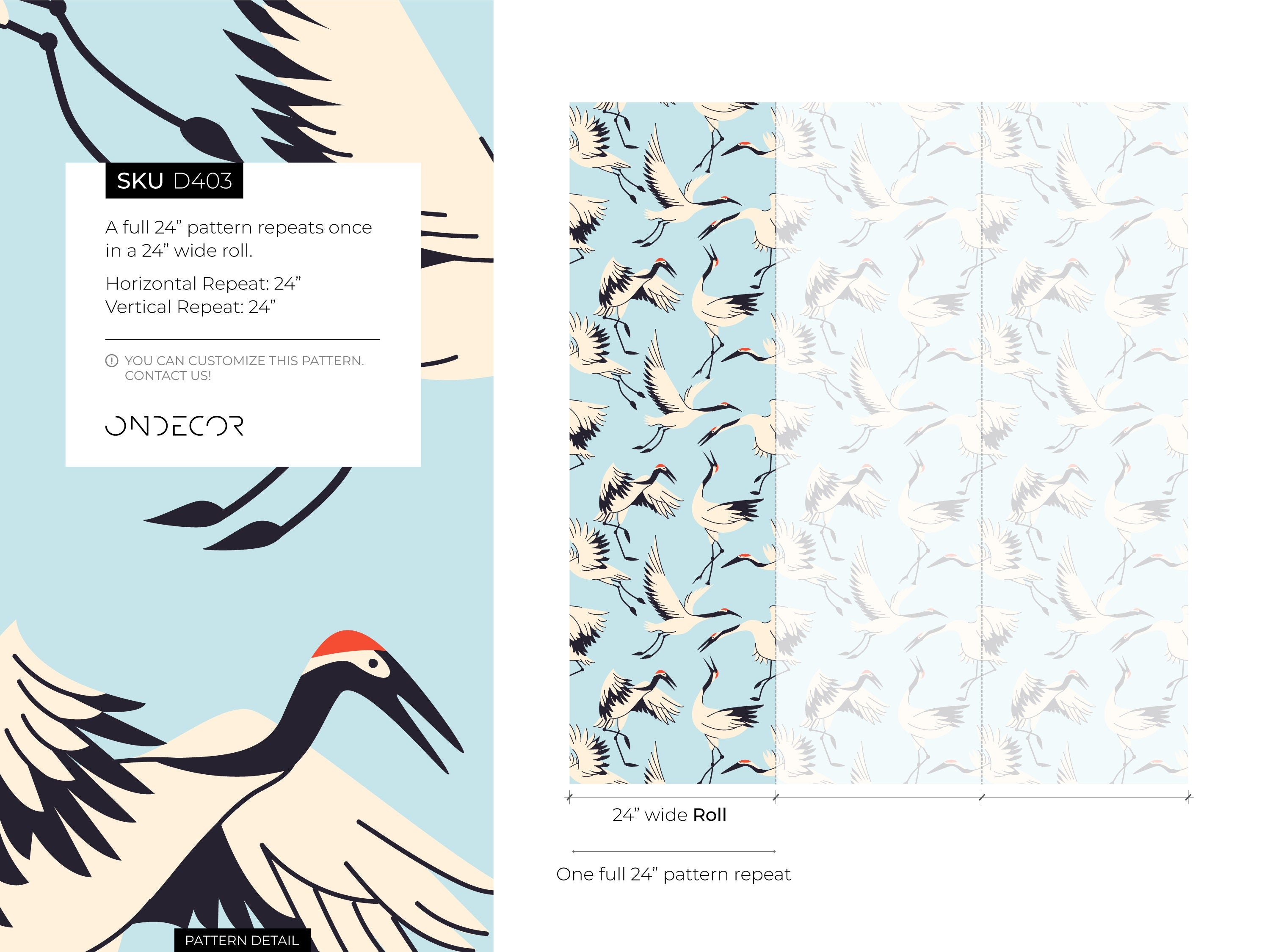 Chinoiserie Wallpaper With Japanese Cranes In Blue, Cream, And Black - D403
