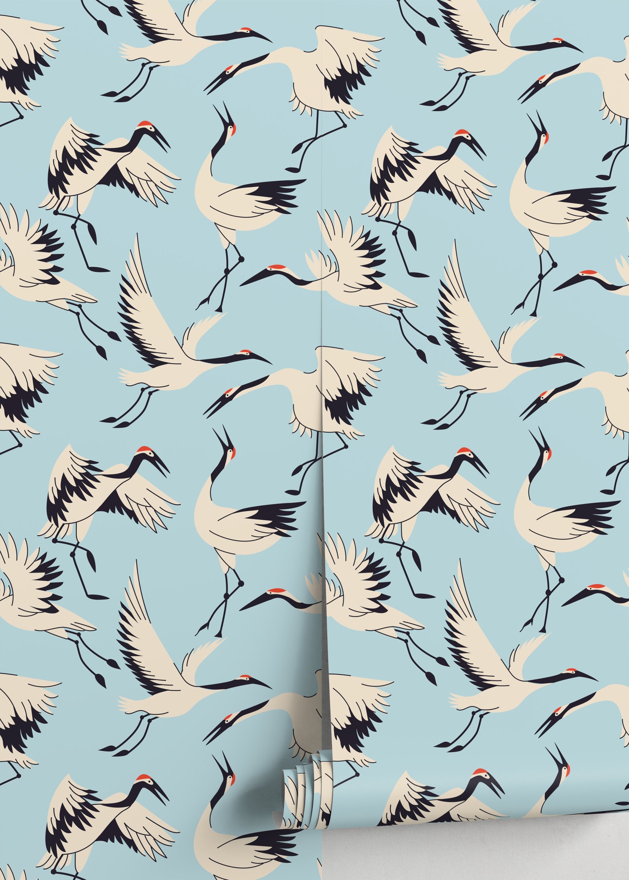 Chinoiserie Wallpaper With Japanese Cranes In Blue, Cream, And Black - D403