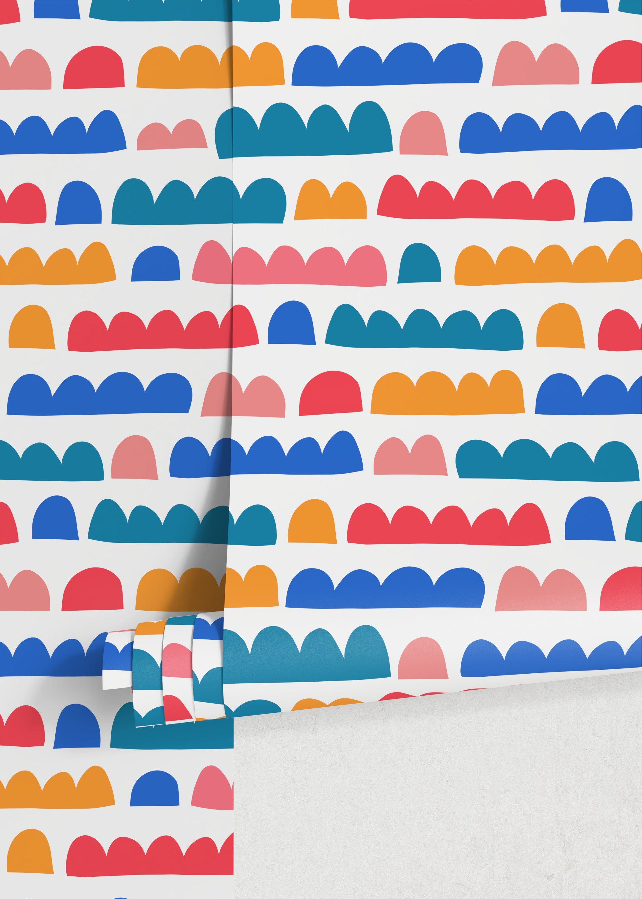 Abstract Wallpaper With Modern Scalloped Shapes In Red, Blue, And Yellow - D337