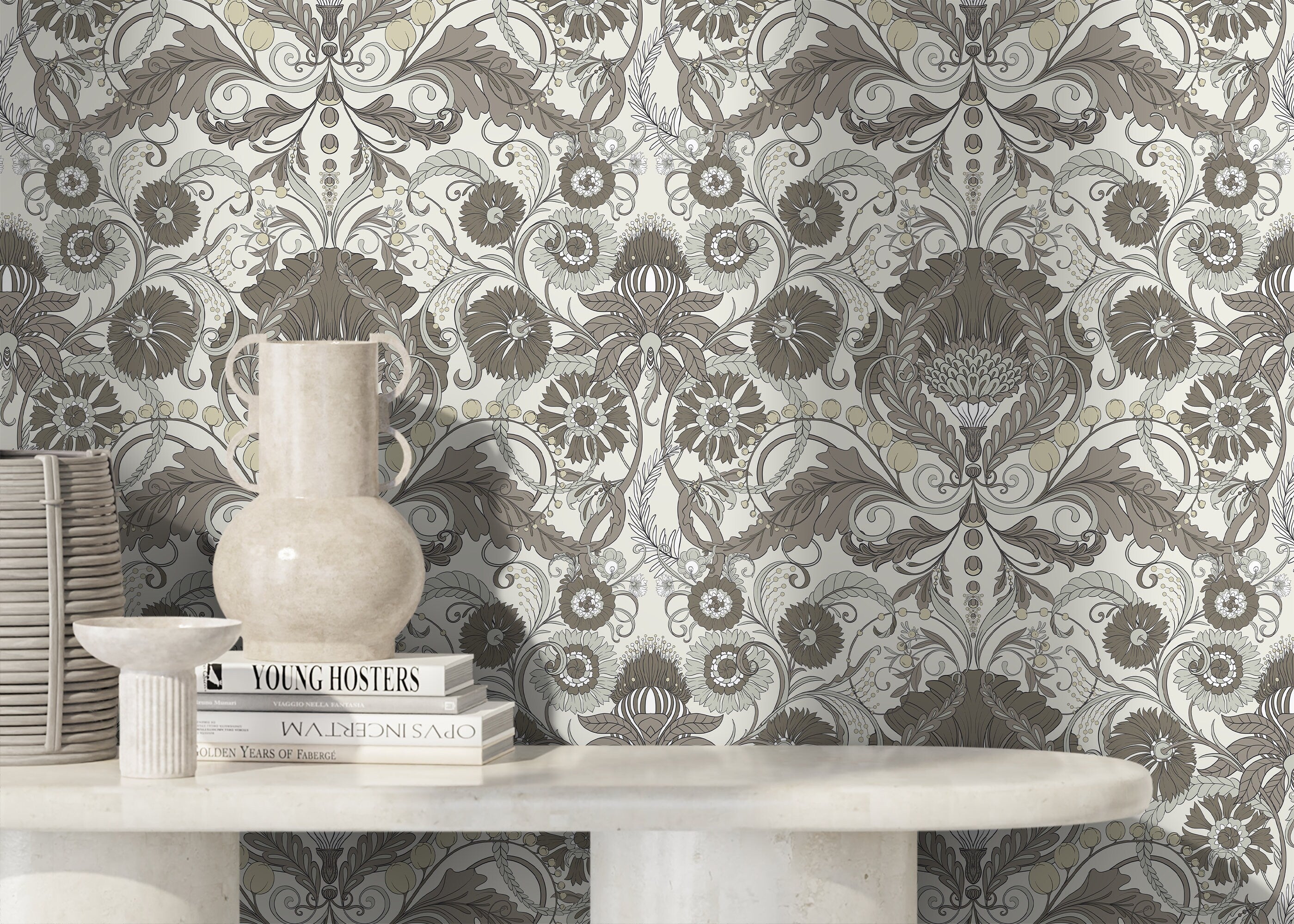 Art Nouveau Wallpaper With An Intricate Damask Motif In Gray And Pale Yellow - D409