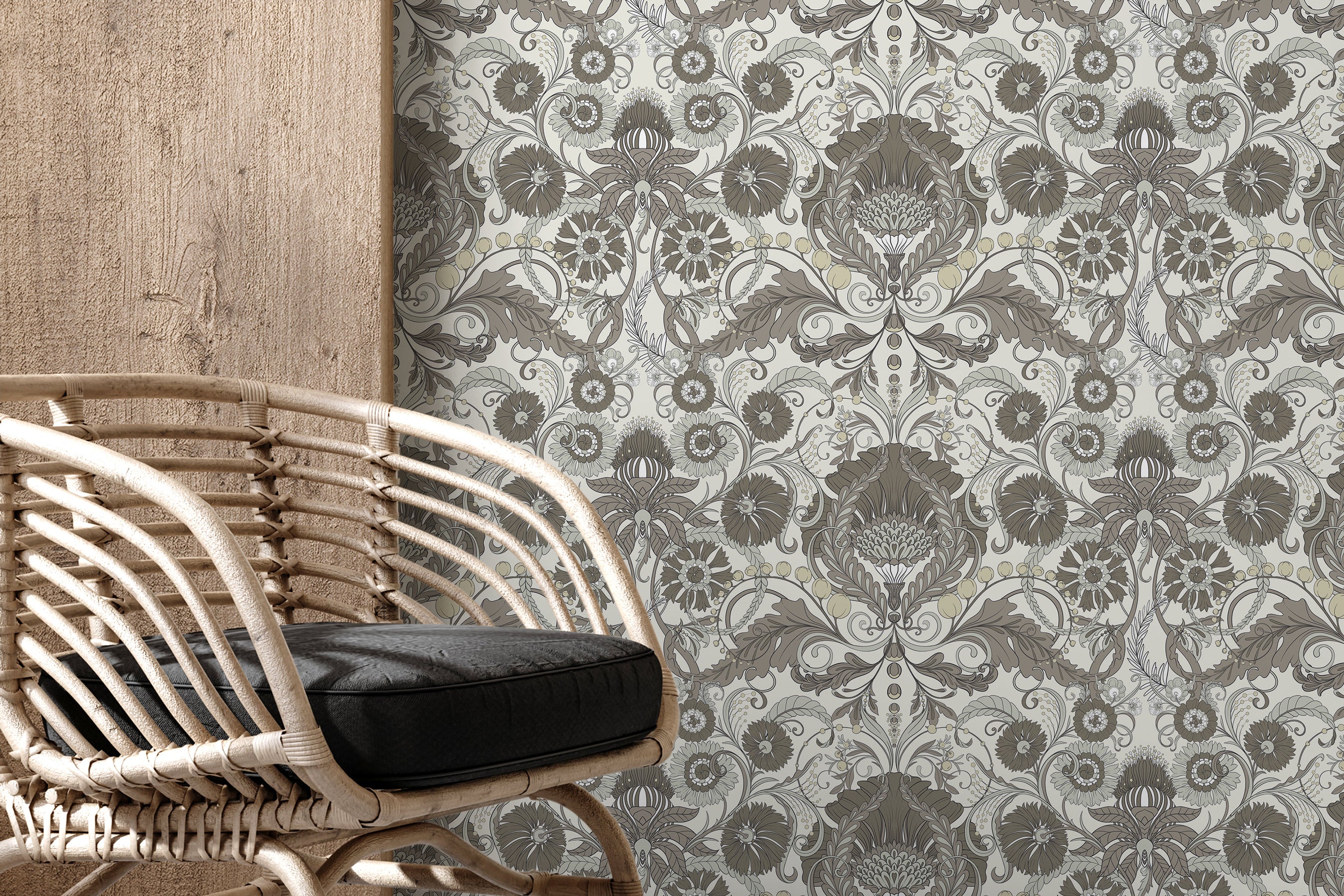 Art Nouveau Wallpaper With An Intricate Damask Motif In Gray And Pale Yellow - D409
