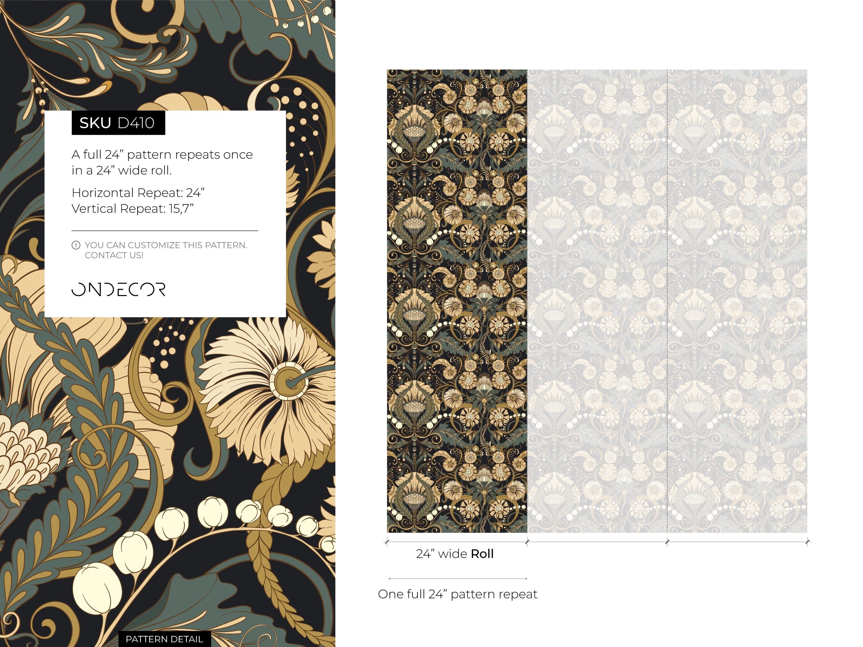 Art Nouveau Wallpaper With Symmetrical Botanicals In Dark Green, Beige, And Black - D410