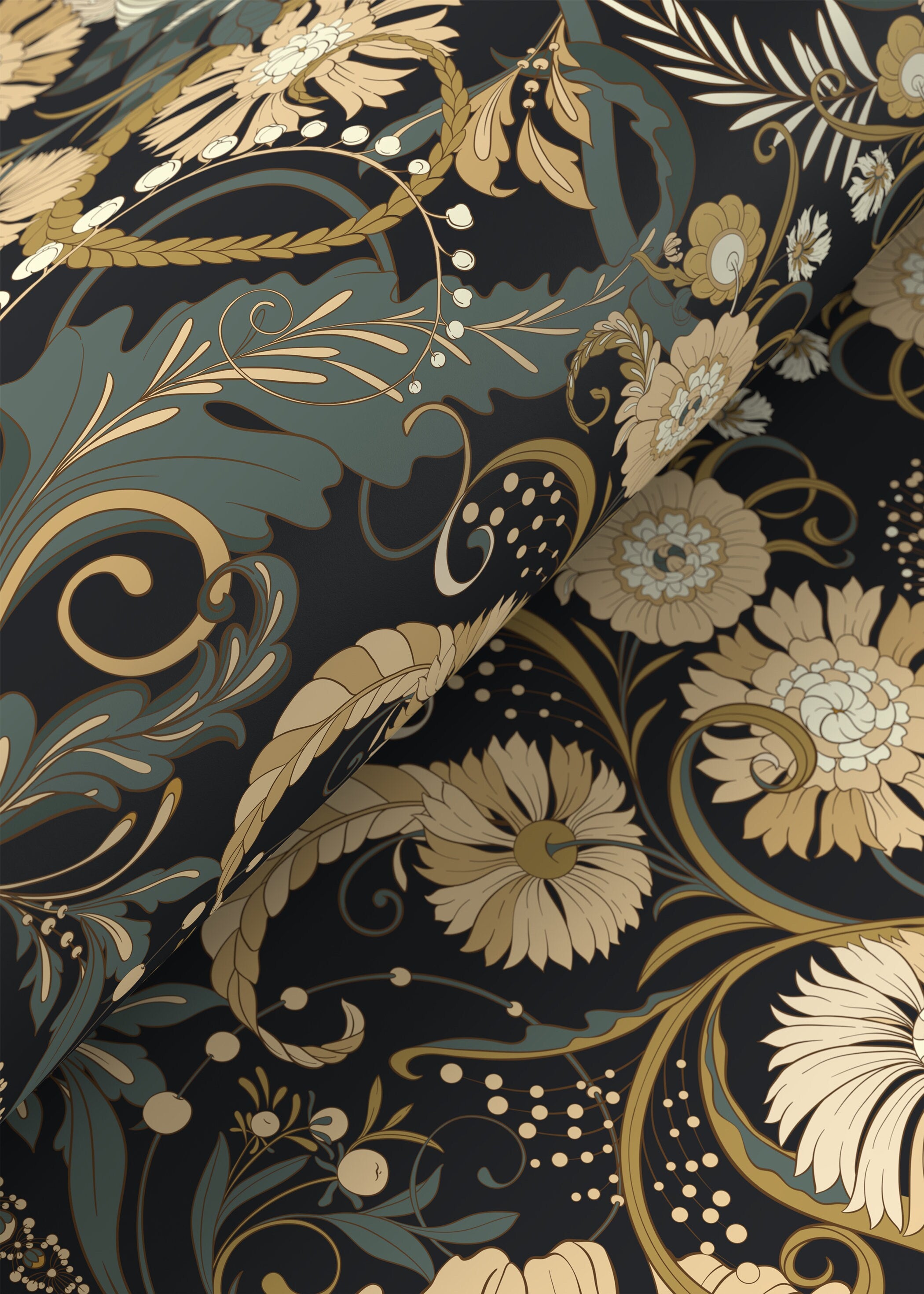 Art Nouveau Wallpaper With Symmetrical Botanicals In Dark Green, Beige, And Black - D410