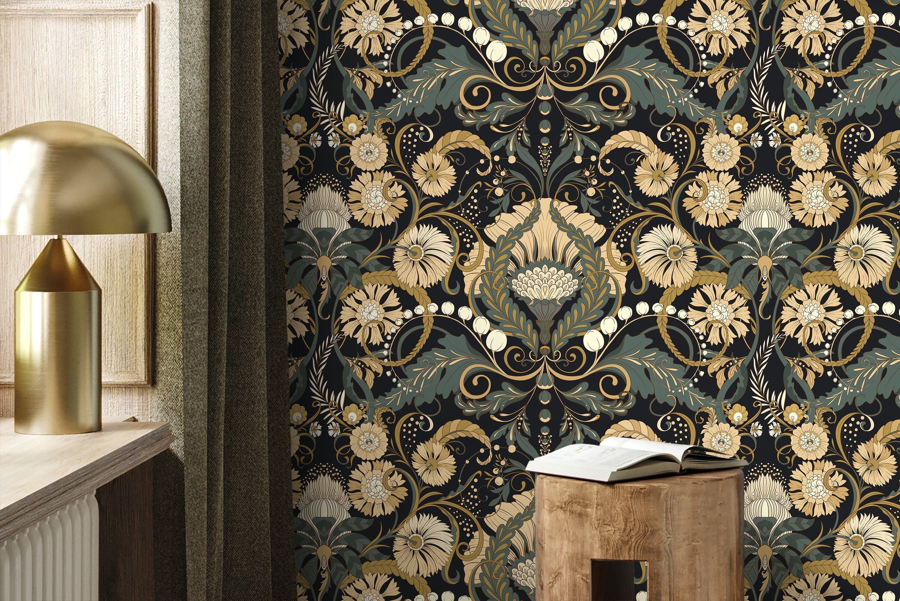 Art Nouveau Wallpaper With Symmetrical Botanicals In Dark Green, Beige, And Black - D410
