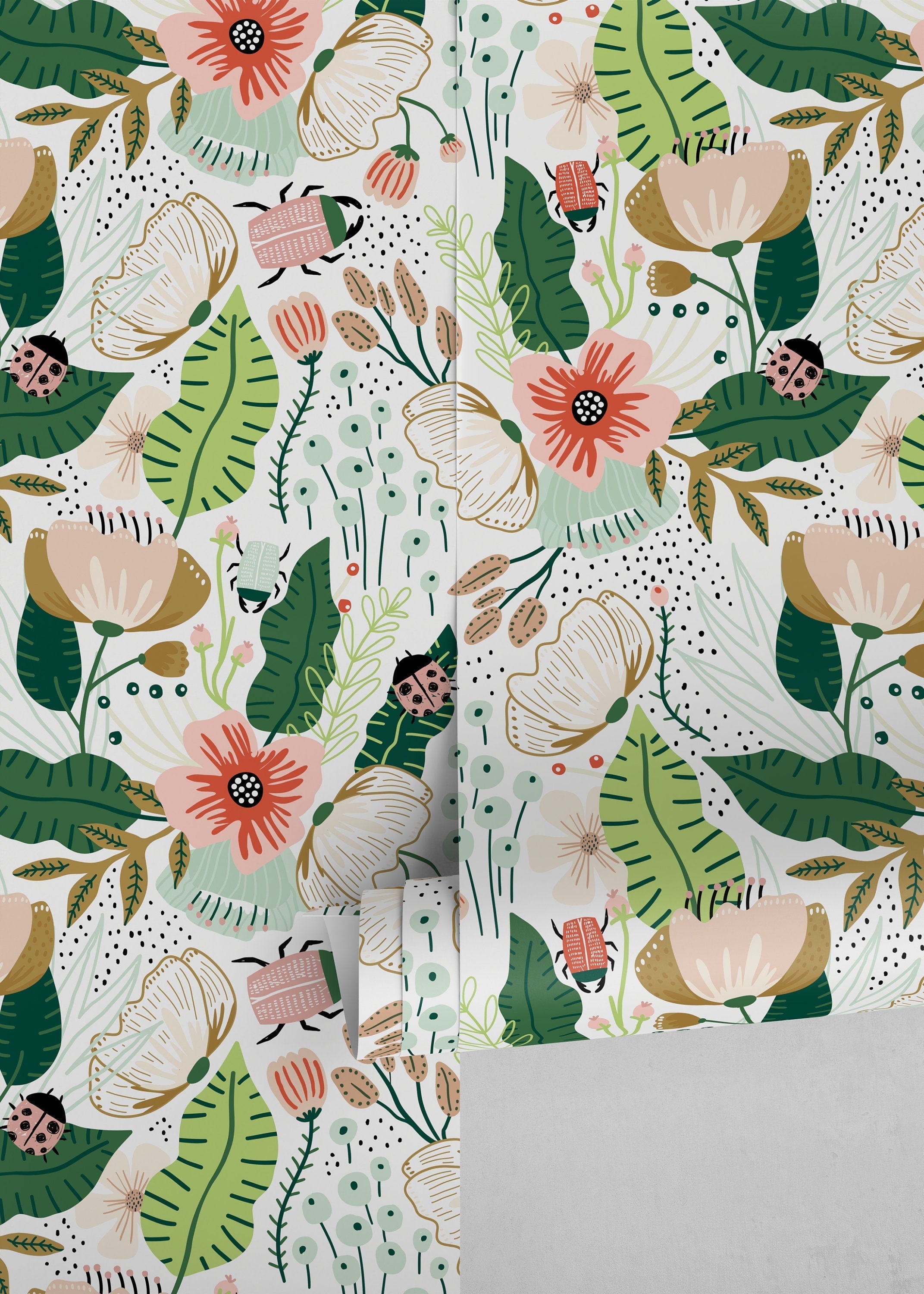 Botanical Wallpaper With A Whimsical Garden Motif In Pink, Green, And Ochre - D310