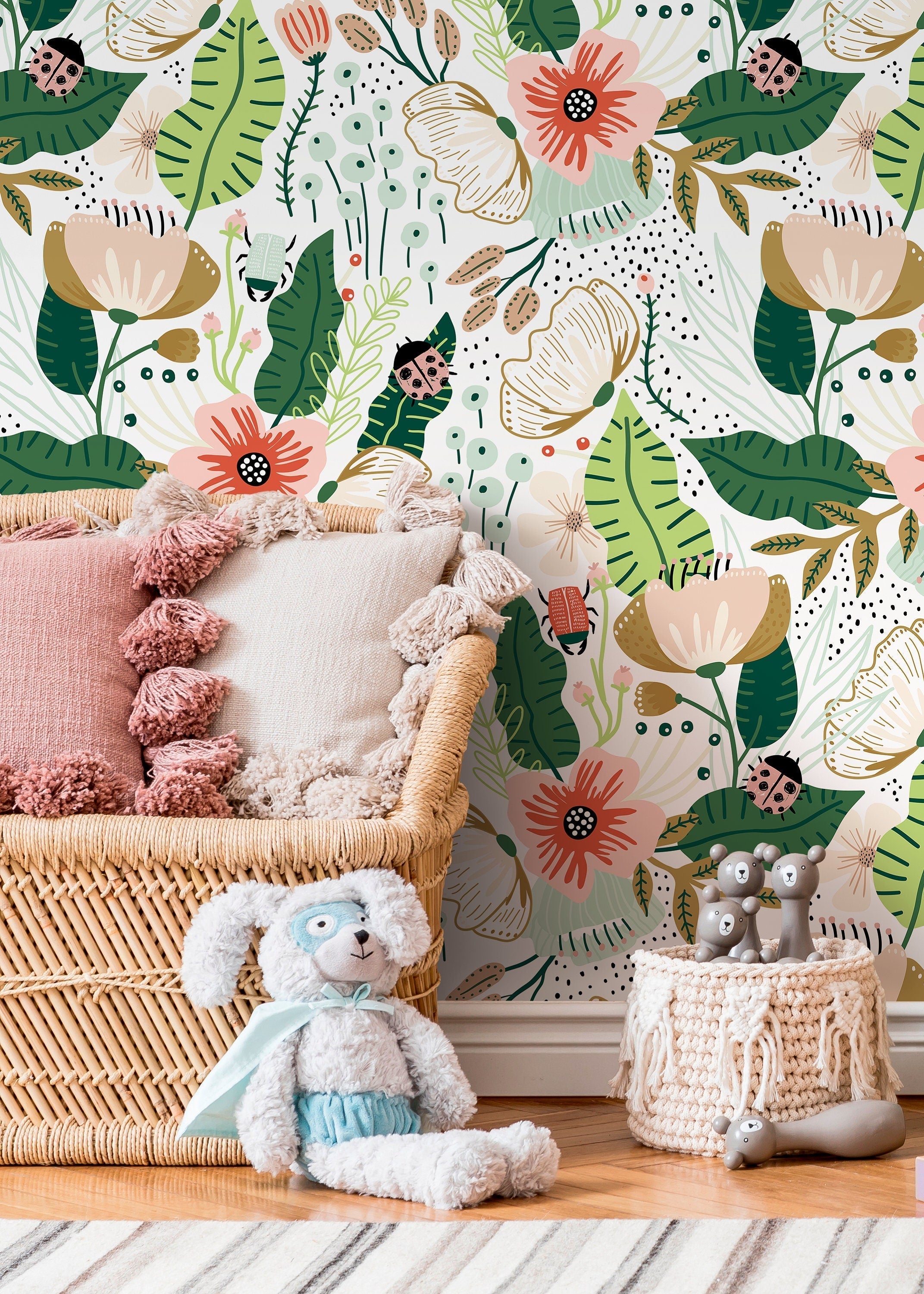 Botanical Wallpaper With A Whimsical Garden Motif In Pink, Green, And Ochre - D310