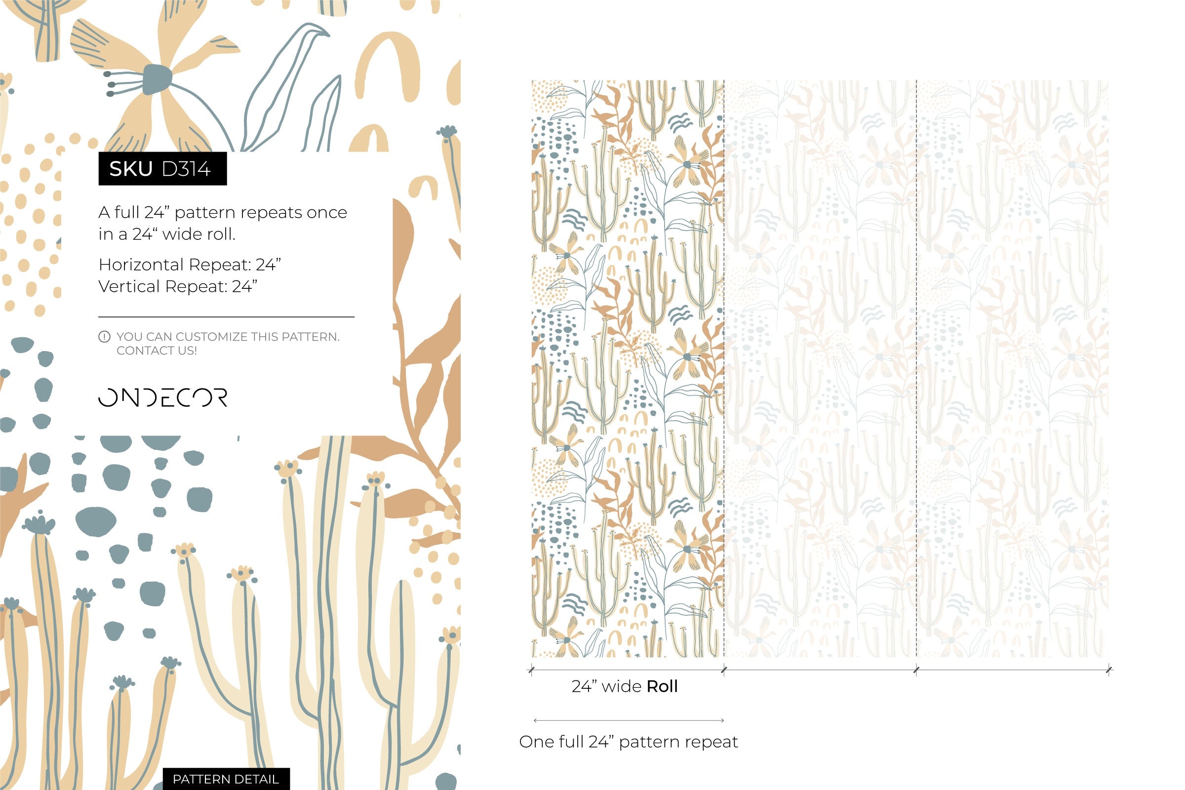 Boho Wallpaper With Cactus And Floral Art In Teal, Tan, And Orange - D314
