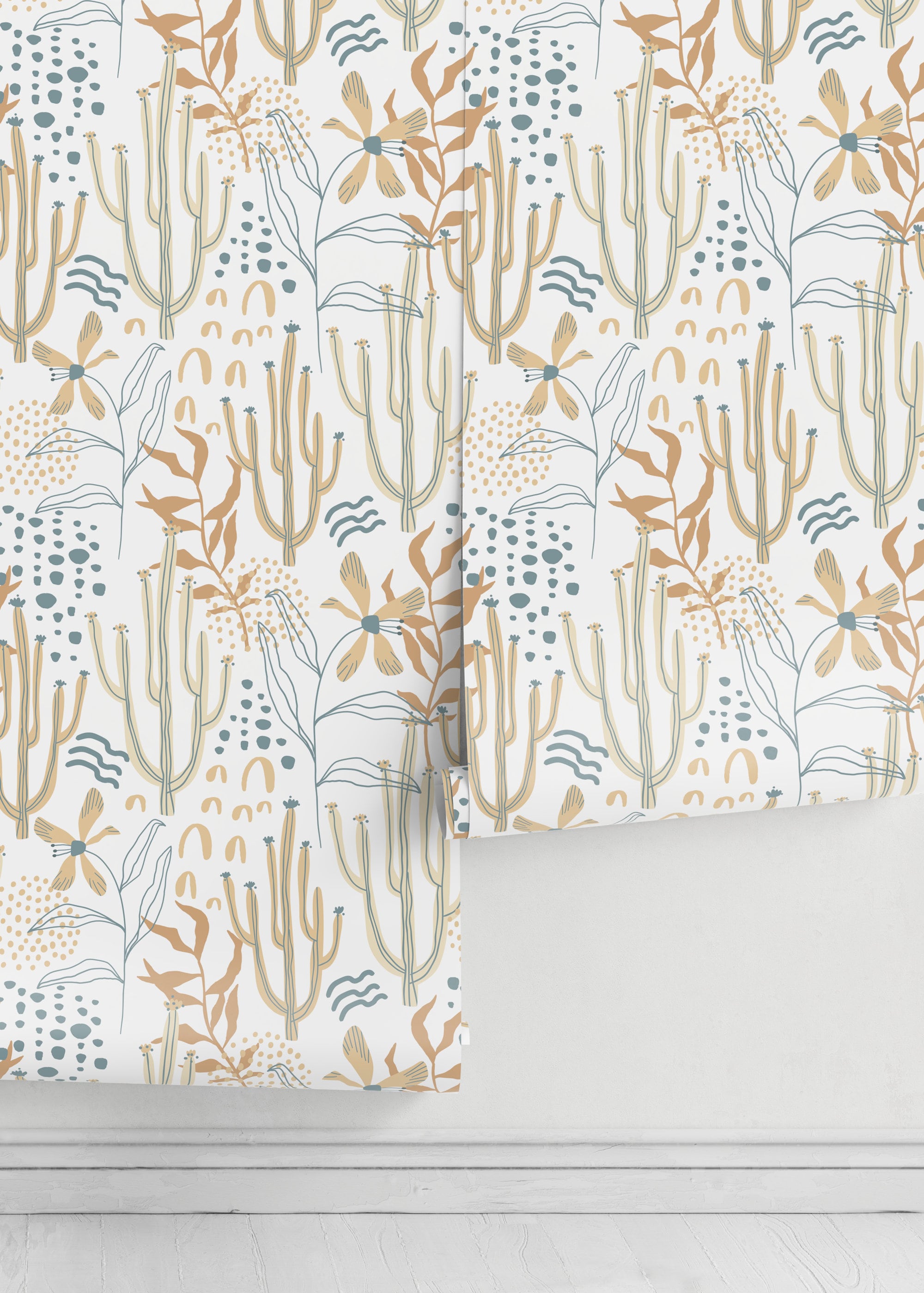 Boho Wallpaper With Cactus And Floral Art In Teal, Tan, And Orange - D314