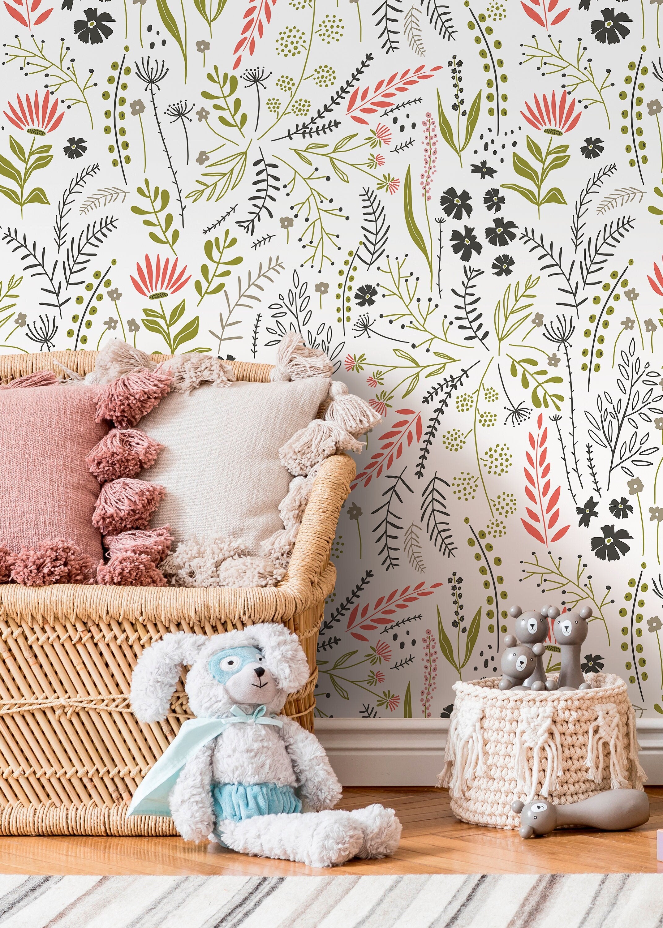 Botanical Wallpaper With A Hand-drawn Wildflower Motif In Green, Red, And Black - D318