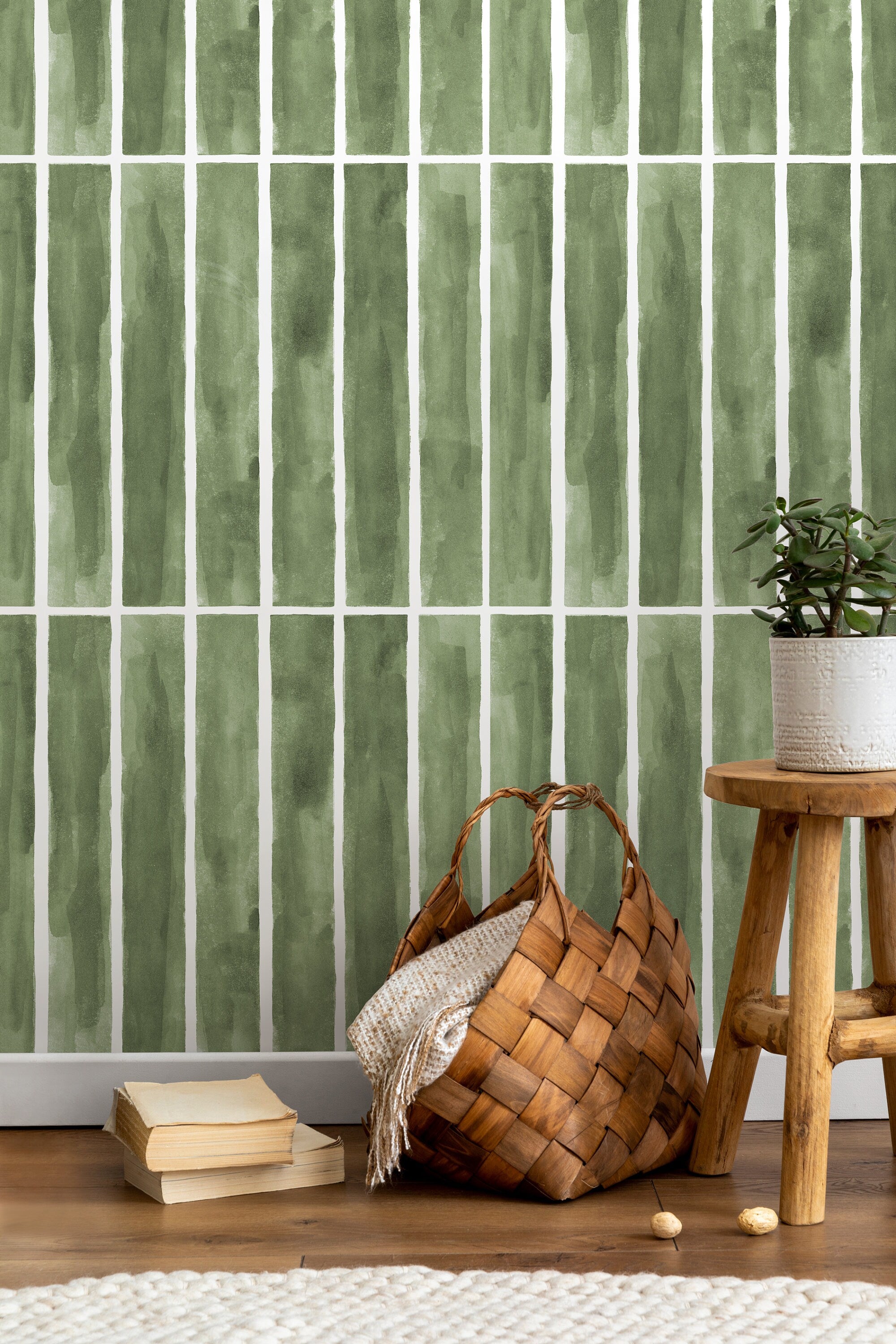 Geometric Wallpaper With A Watercolor Tile Motif In Green And White - D325