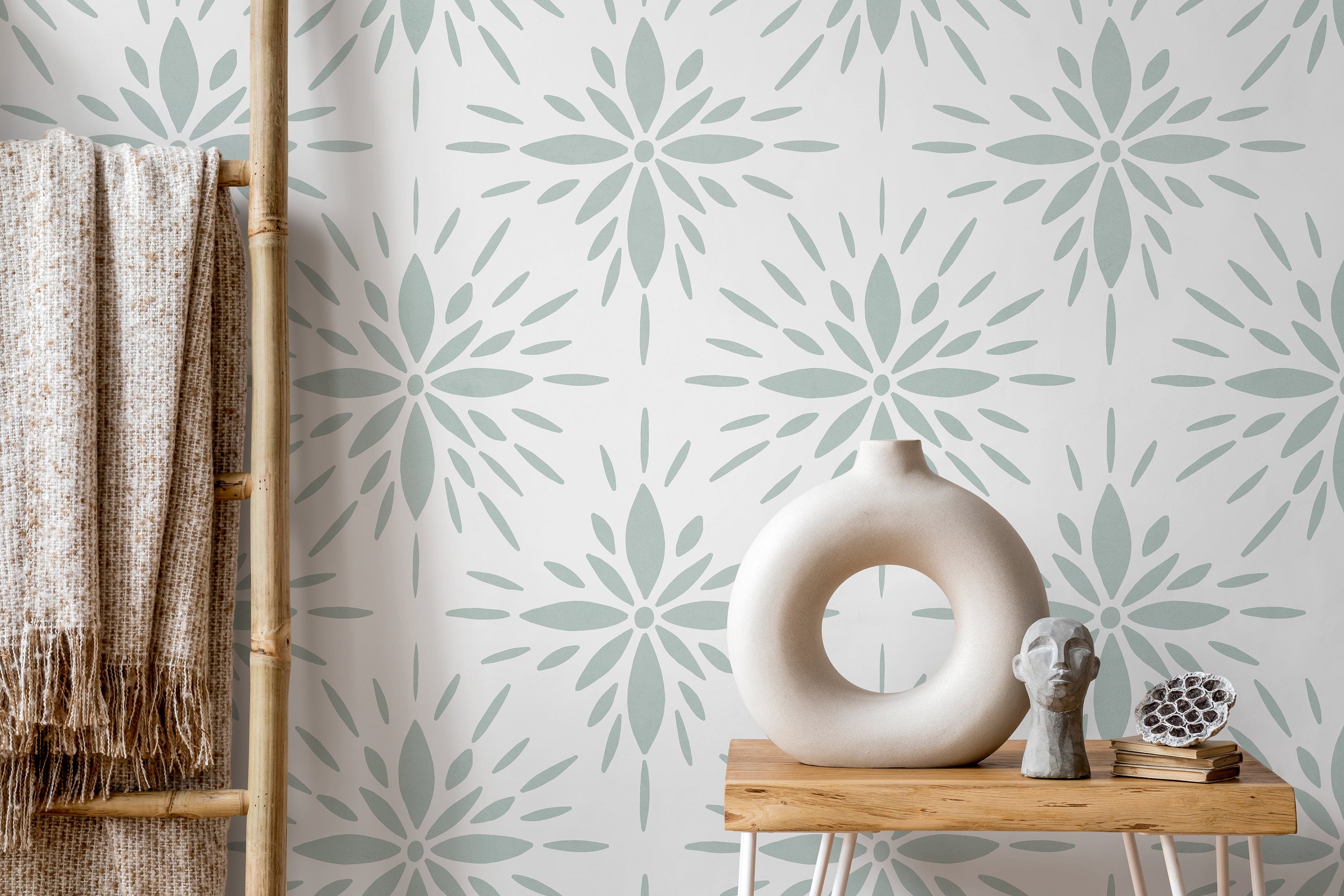 Tile Wallpaper With A Stylized Floral Medallion In Sage Green - D332