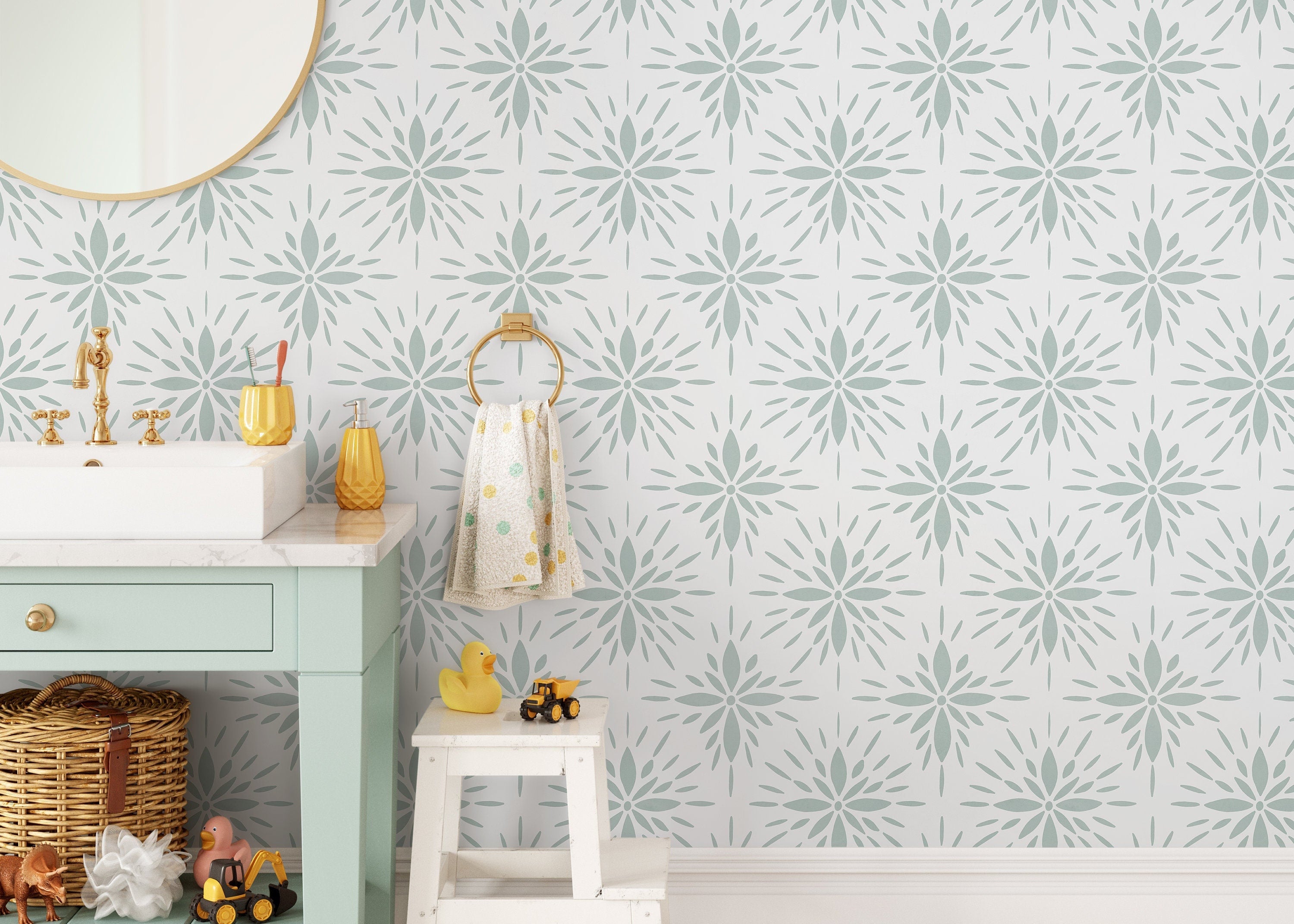 Tile Wallpaper With A Stylized Floral Medallion In Sage Green - D332