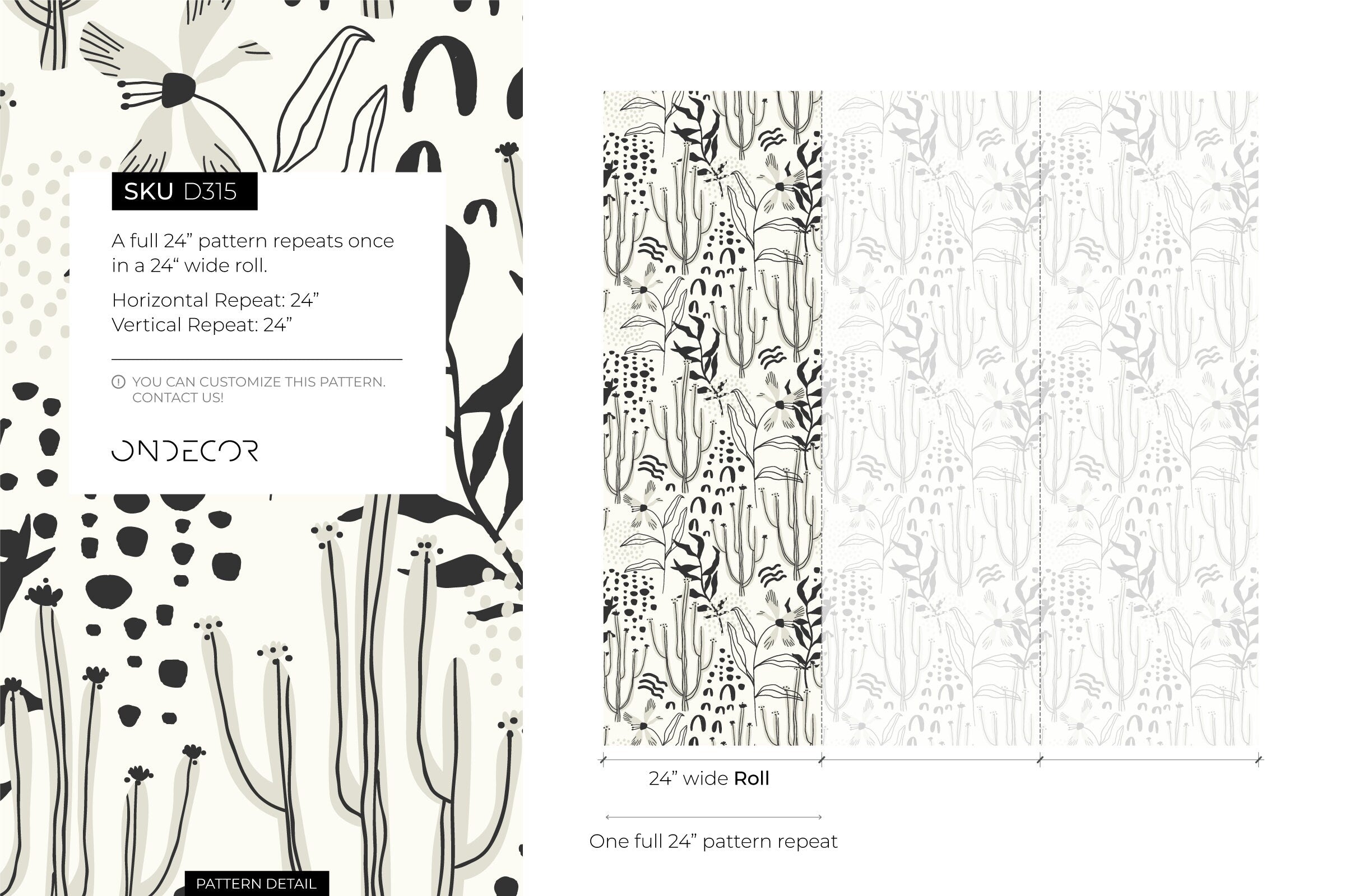 Floral Wallpaper With Abstract Cacti And Wildflowers In Black And Gray - D315