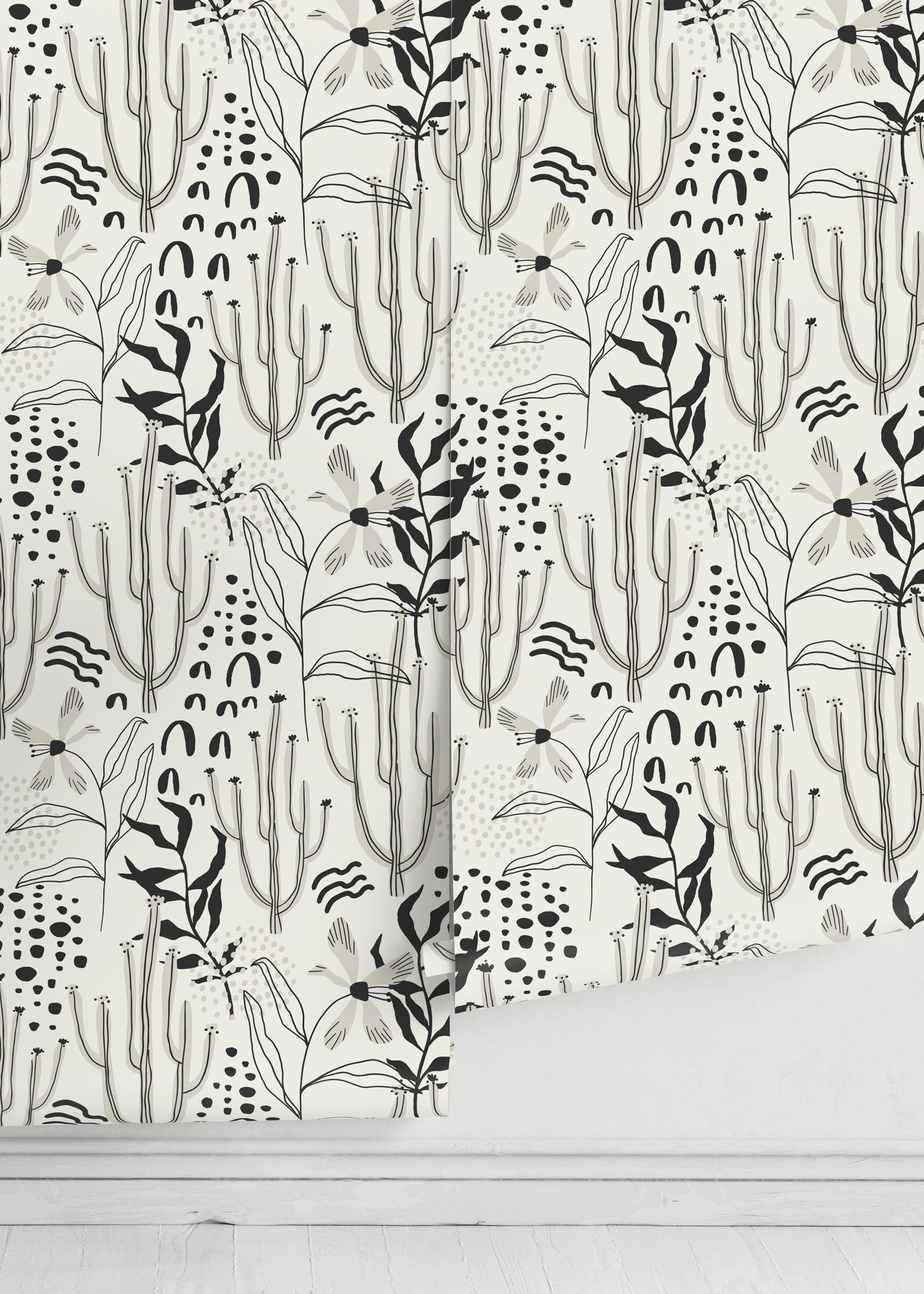 Floral Wallpaper With Abstract Cacti And Wildflowers In Black And Gray - D315