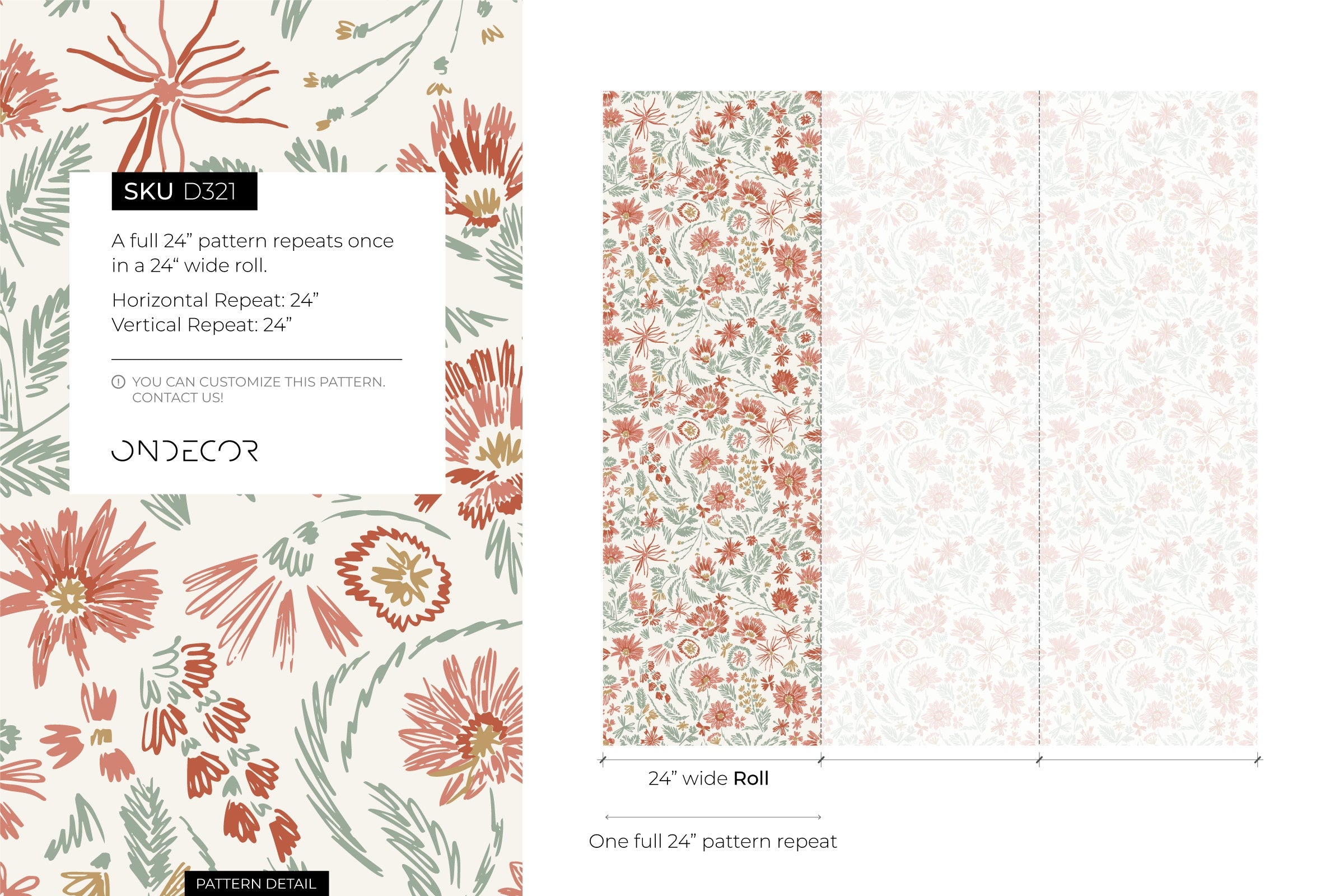 Floral Wallpaper With Hand-drawn Wildflowers In Red, Green, And Gold - D321