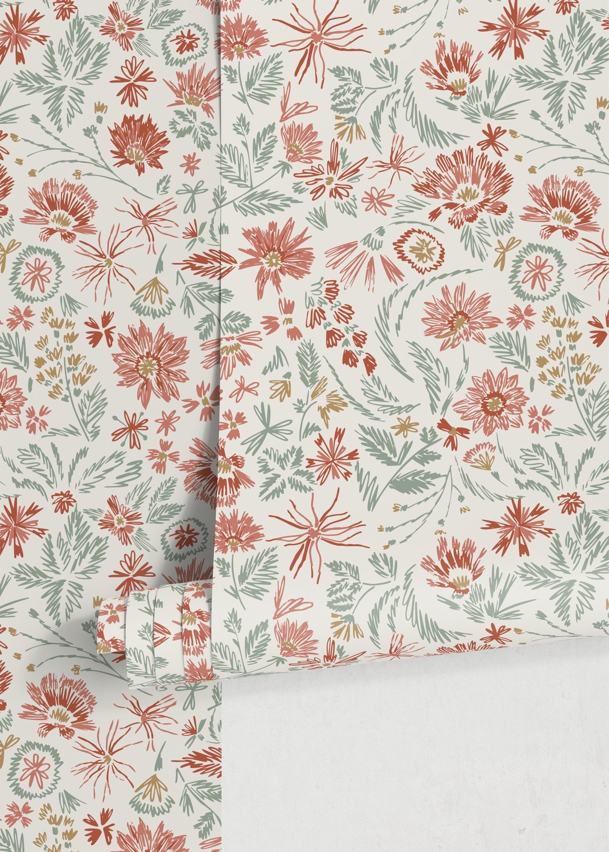 Floral Wallpaper With Hand-drawn Wildflowers In Red, Green, And Gold - D321