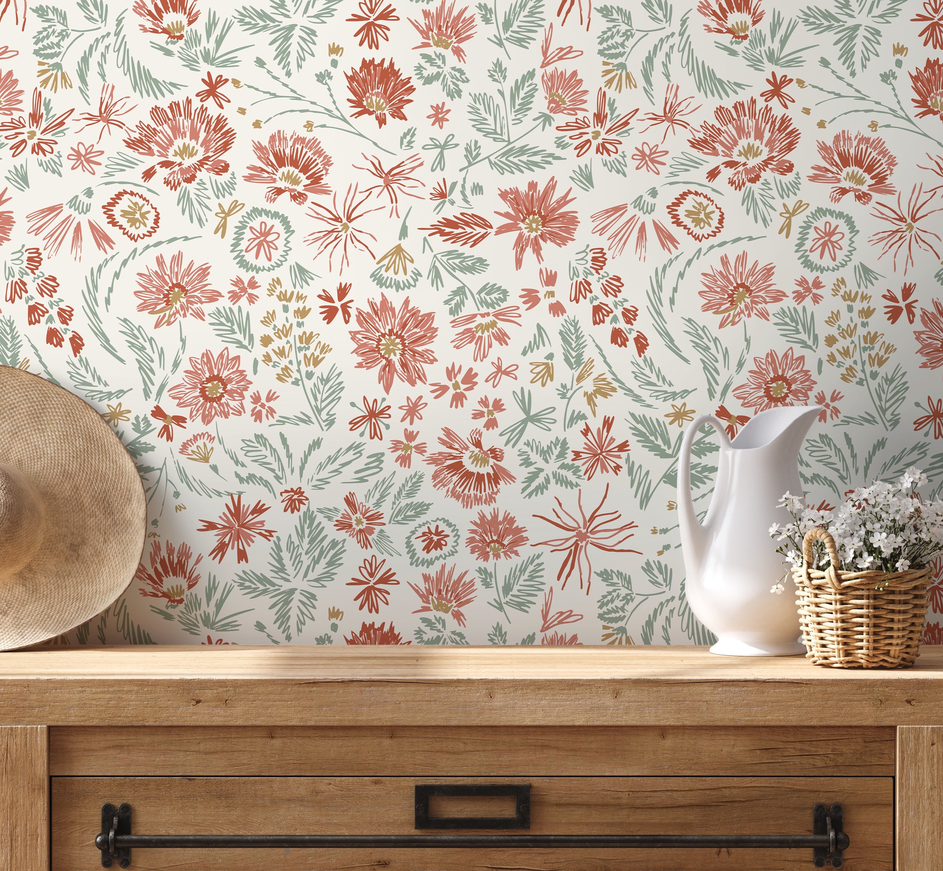 Floral Wallpaper With Hand-drawn Wildflowers In Red, Green, And Gold - D321