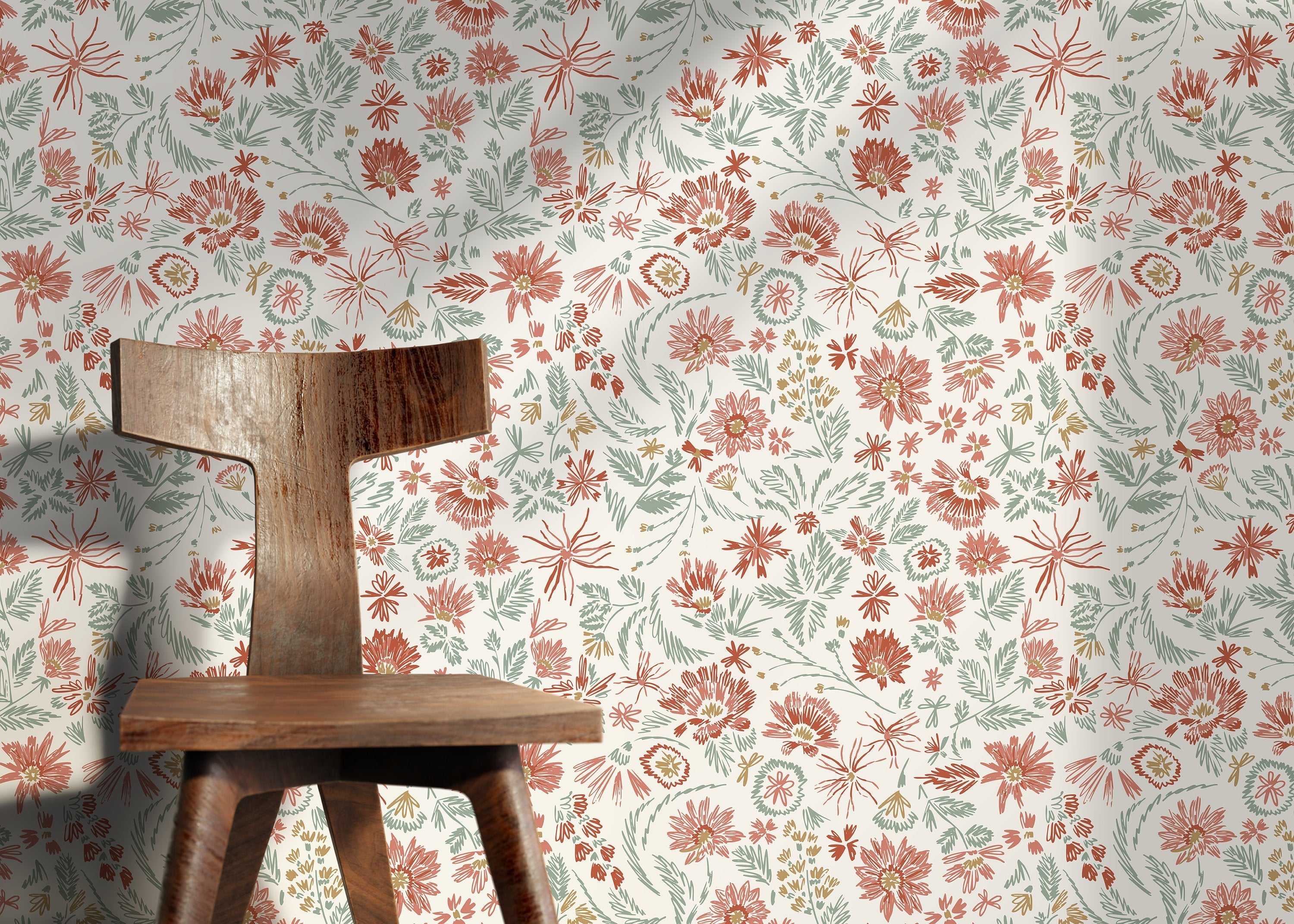 Floral Wallpaper With Hand-drawn Wildflowers In Red, Green, And Gold - D321