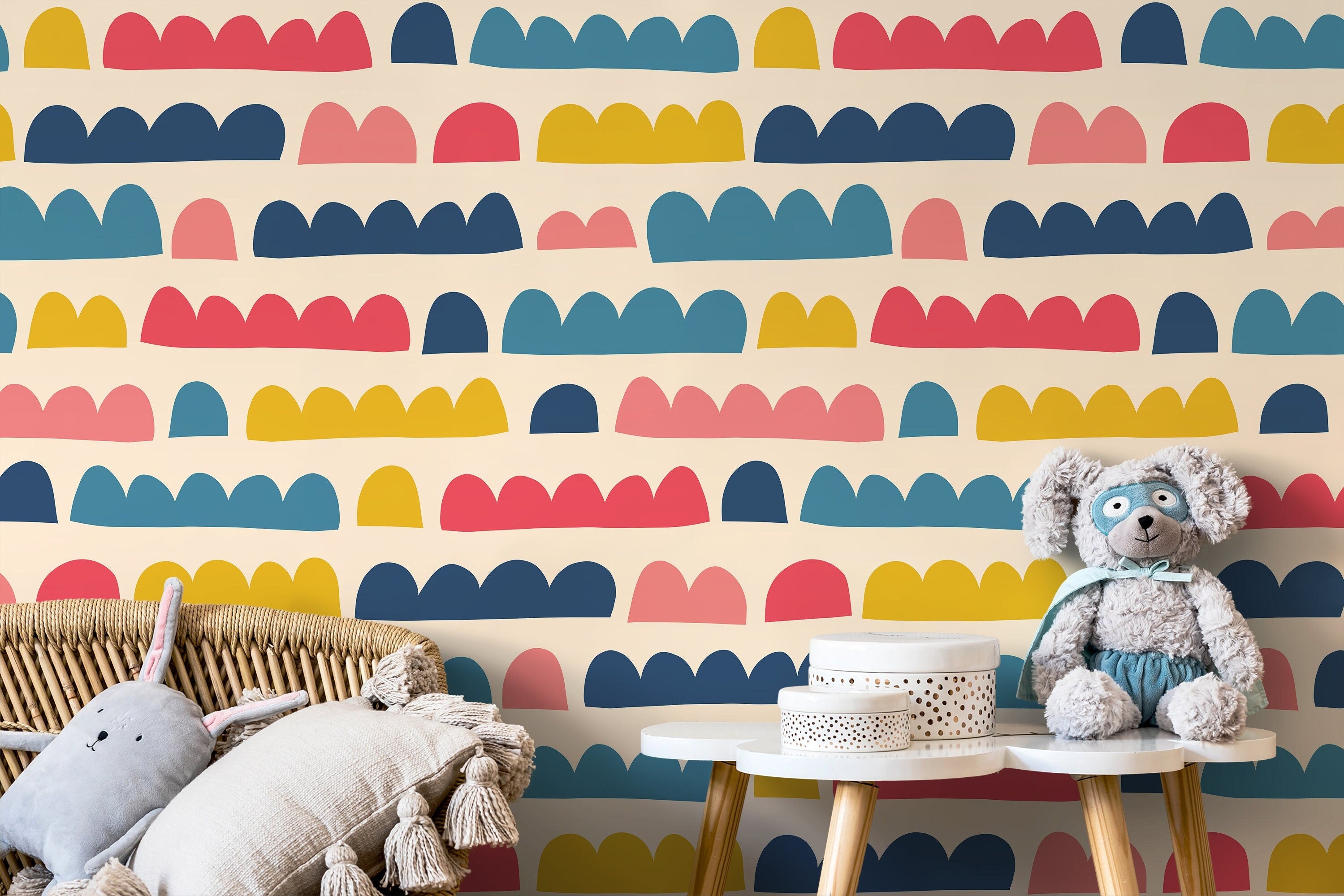 Abstract Wallpaper With Colorful Scalloped Shapes In Blue, Red, And Yellow - D338