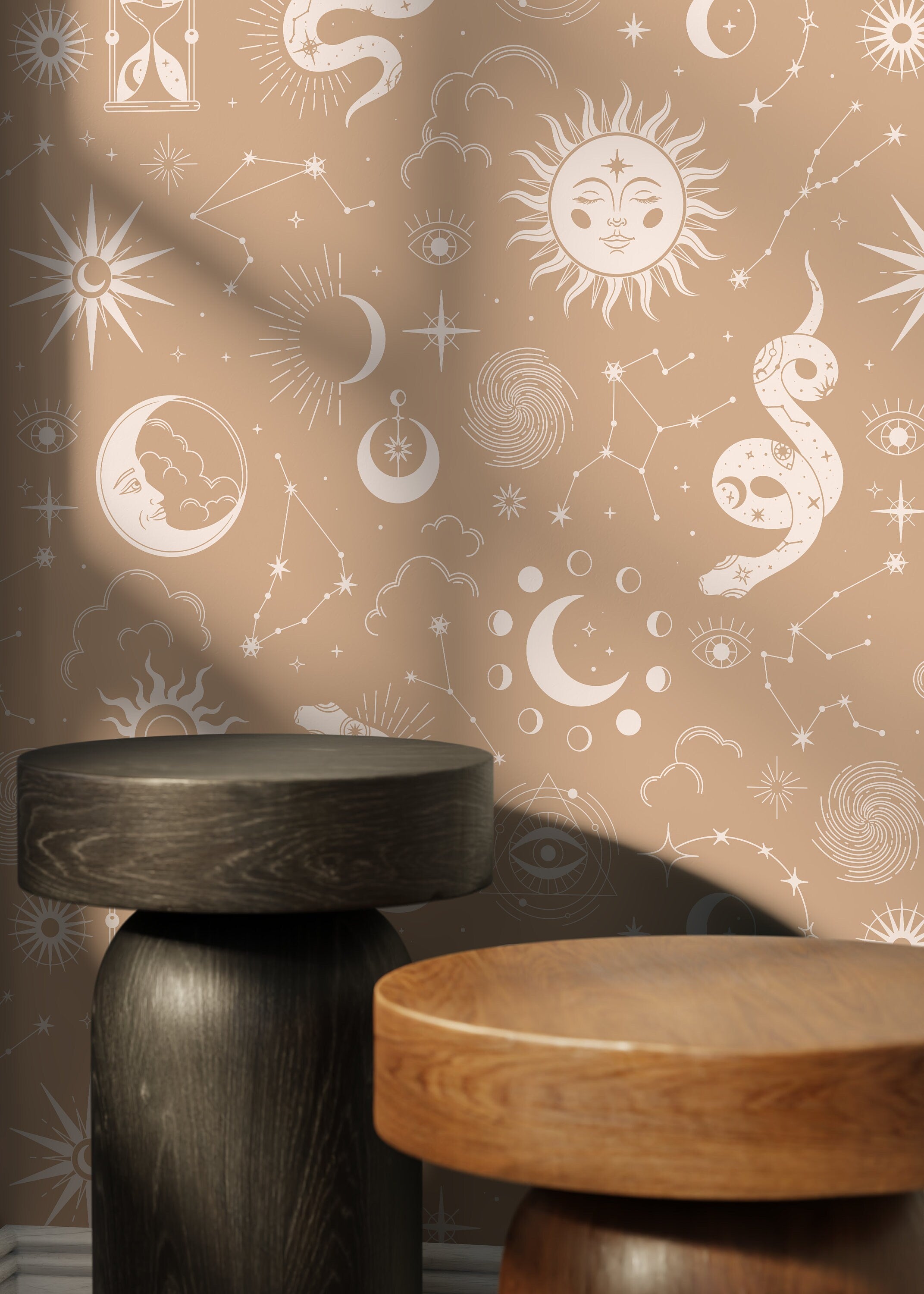 Celestial Wallpaper With Sun, Moon, And Stars In Beige And Cream - D346