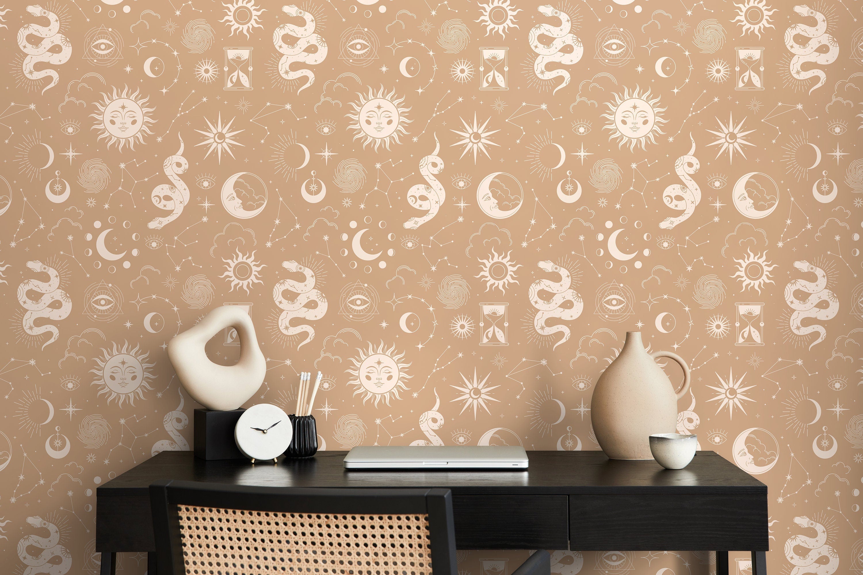 Celestial Wallpaper With Sun, Moon, And Stars In Beige And Cream - D346