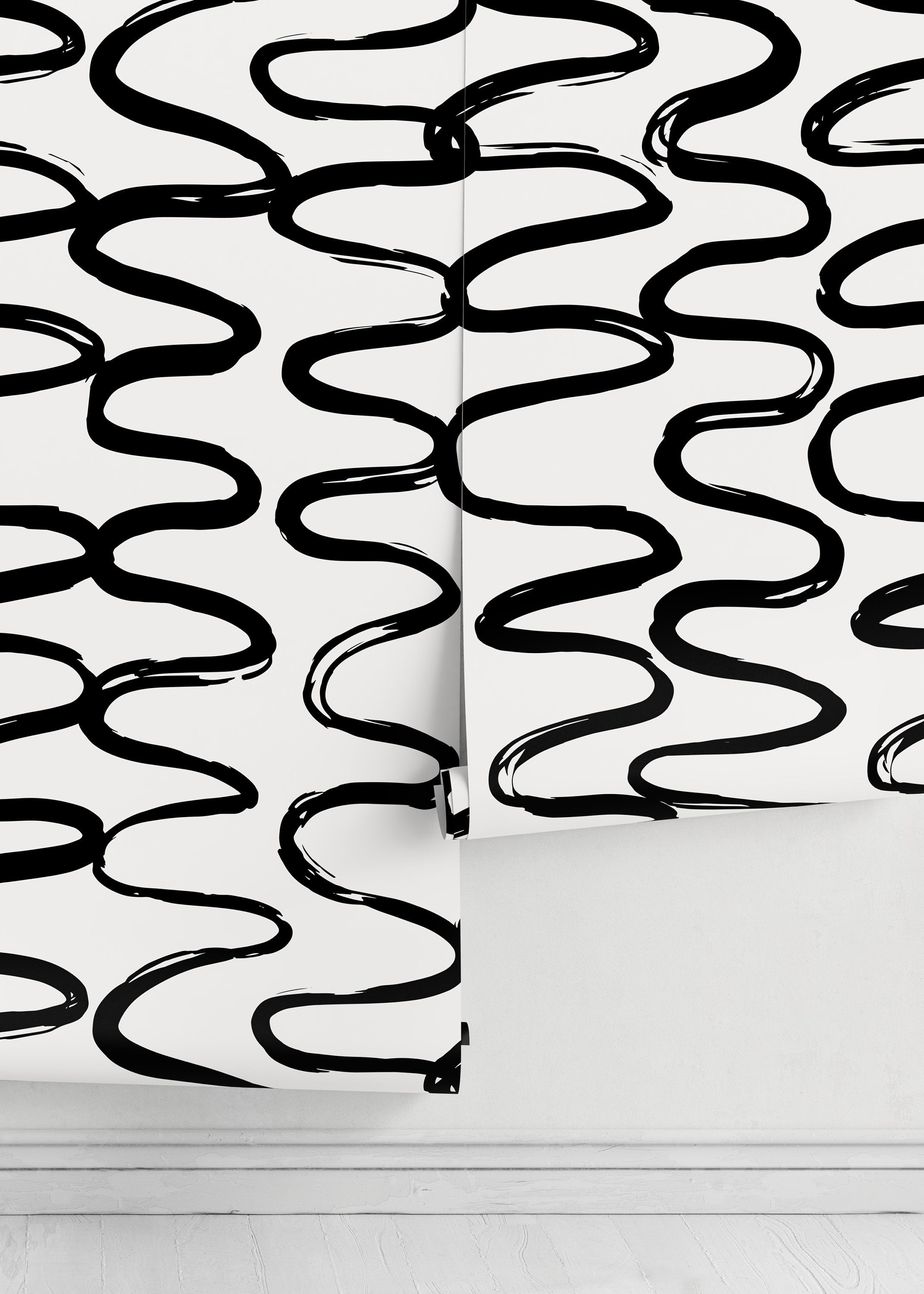 Abstract Wallpaper With Wavy Brush Strokes In Black And White - D350