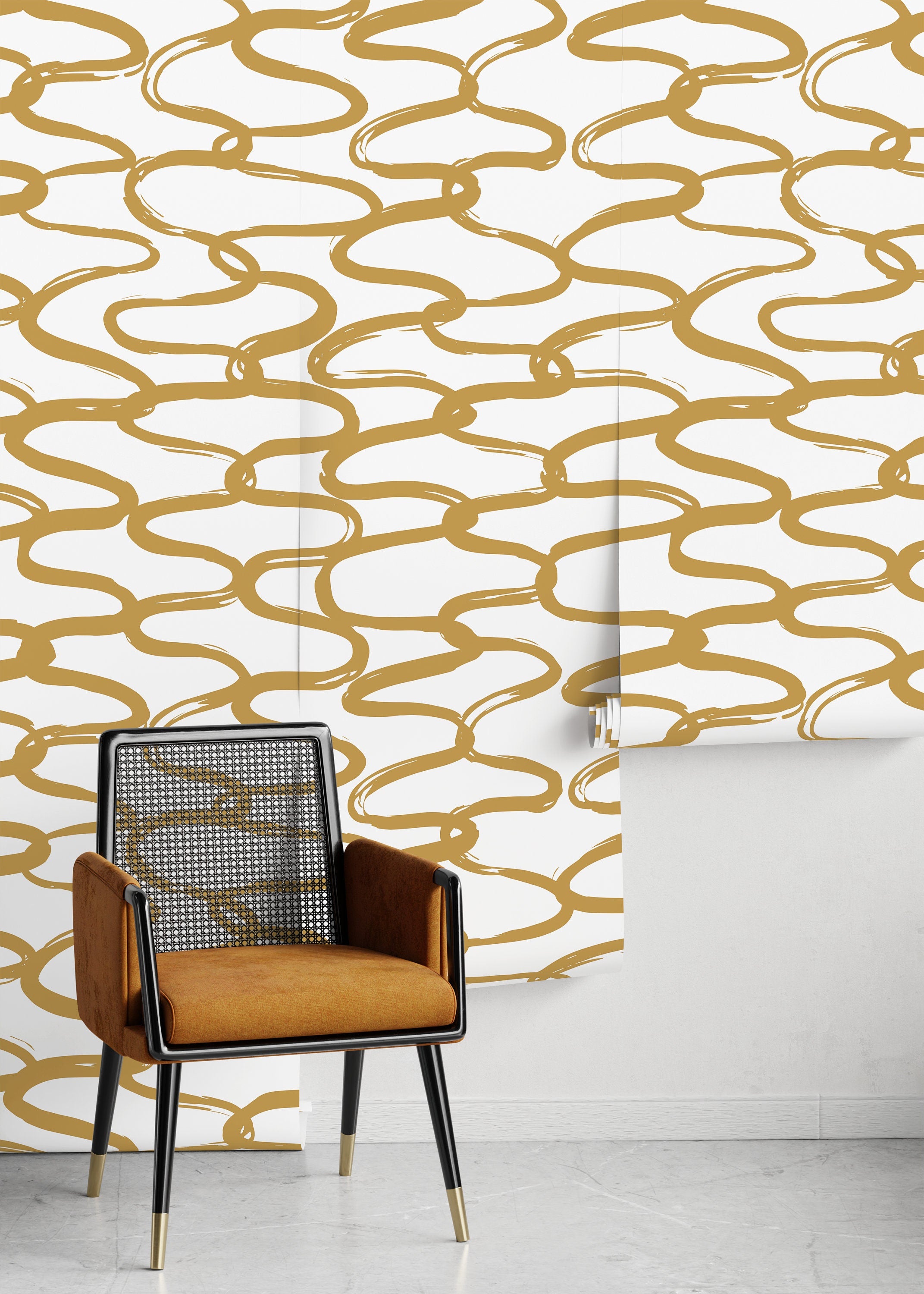 Abstract Wallpaper With Wavy Brush Strokes In Gold - D349