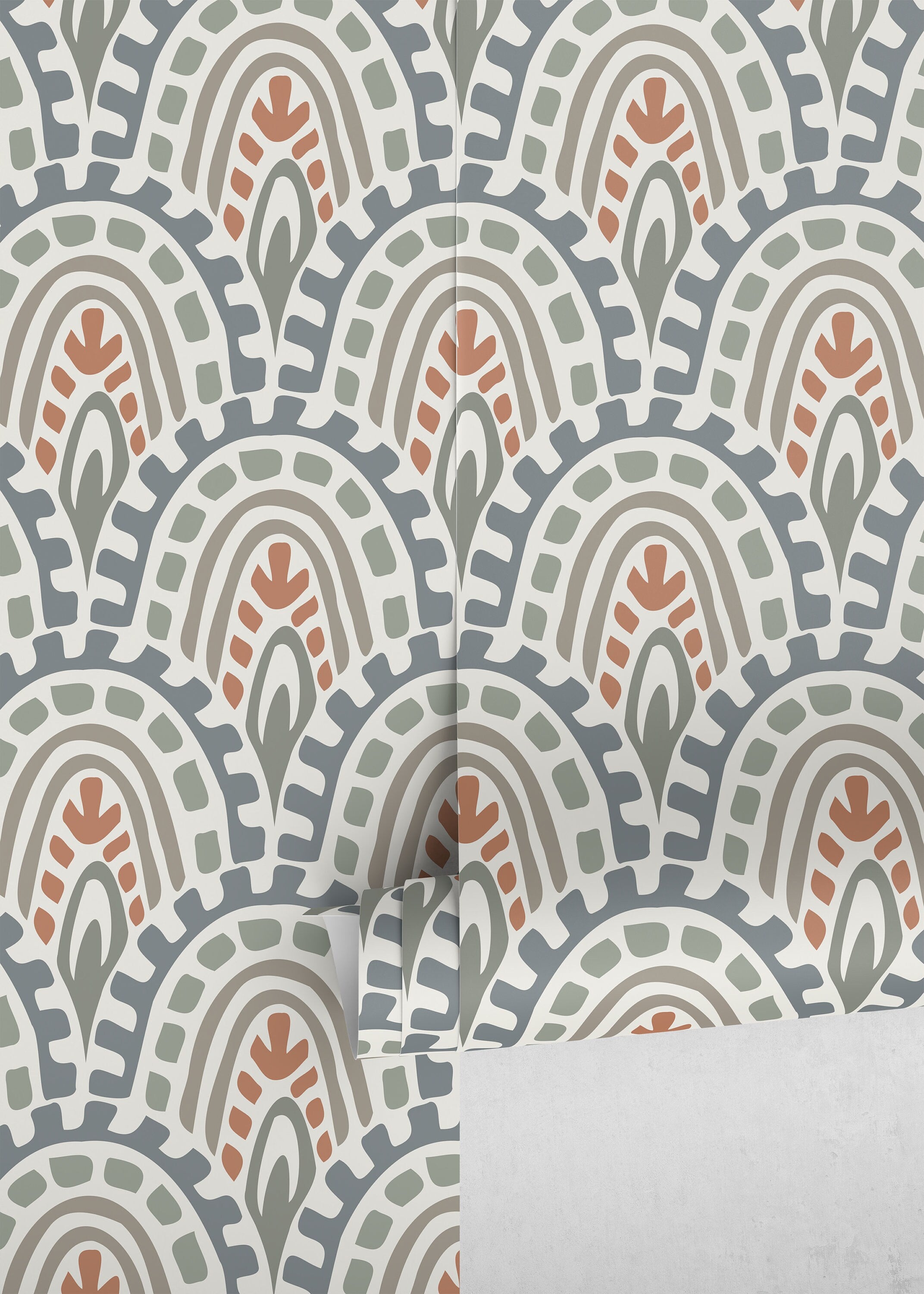 Abstract Wallpaper With Bohemian Arch Motifs In Blue, Green, And Terracotta - D355