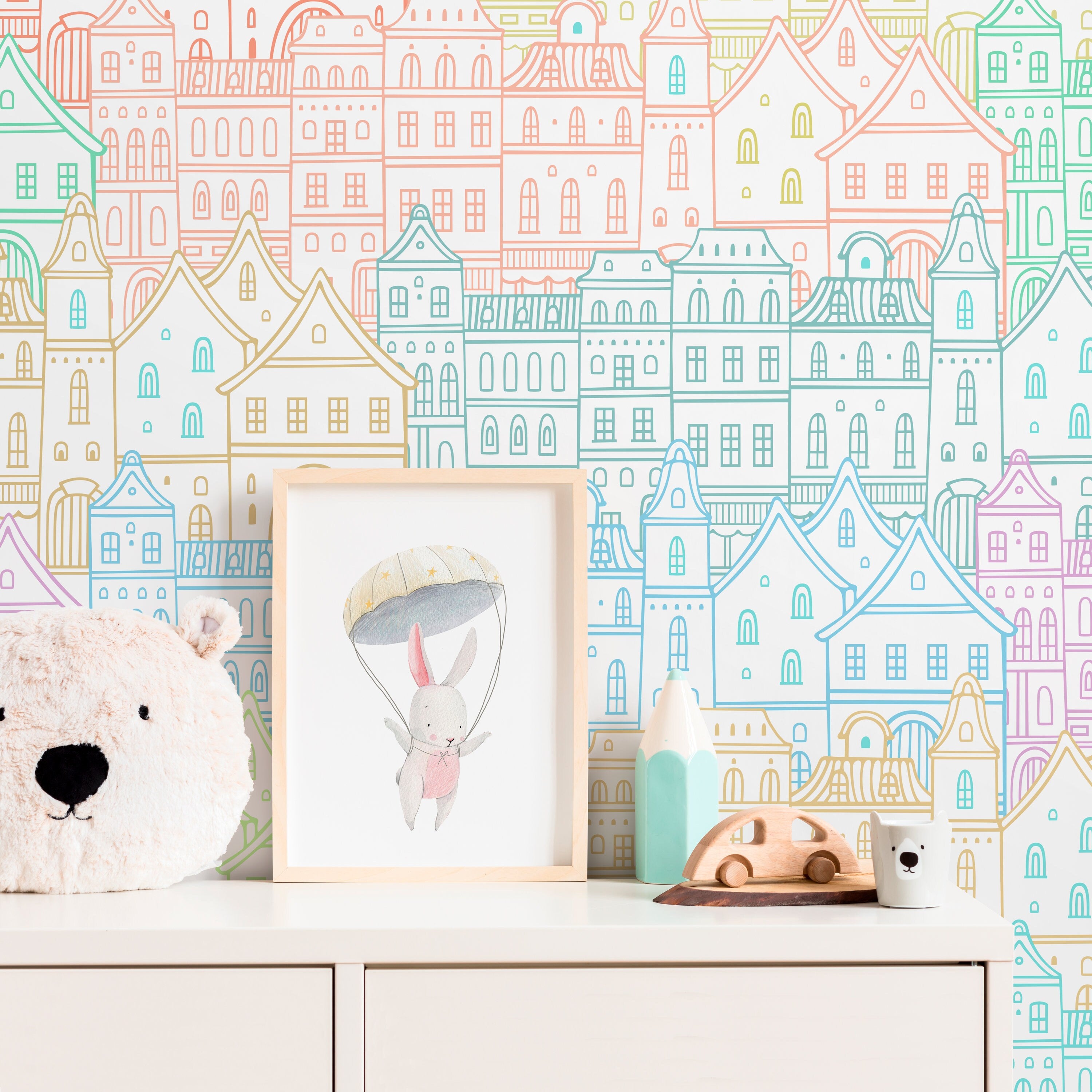 Cityscape Wallpaper With A Whimsical Hand-drawn Town In Blue, Pink, And Green - A743