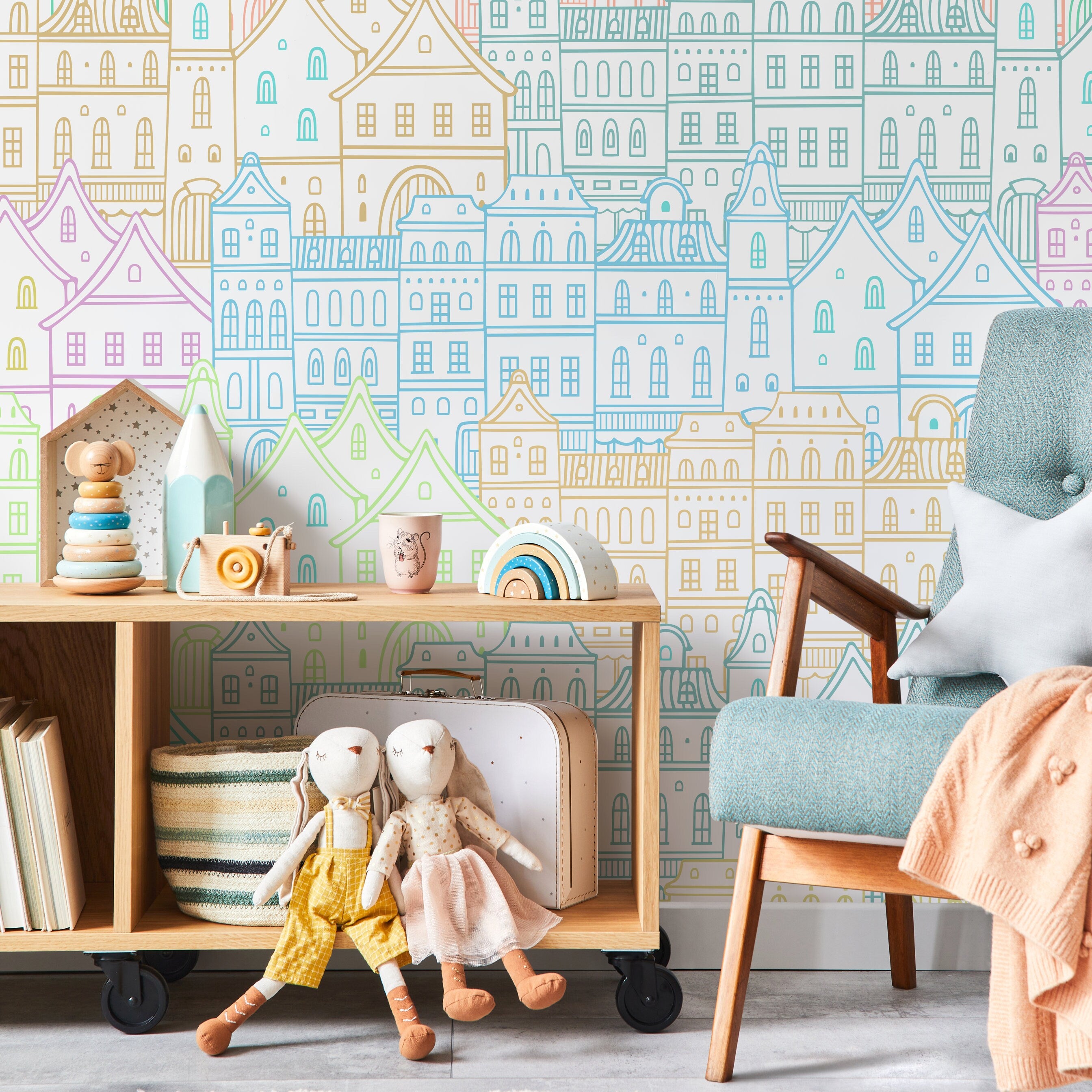 Cityscape Wallpaper With A Whimsical Hand-drawn Town In Blue, Pink, And Green - A743