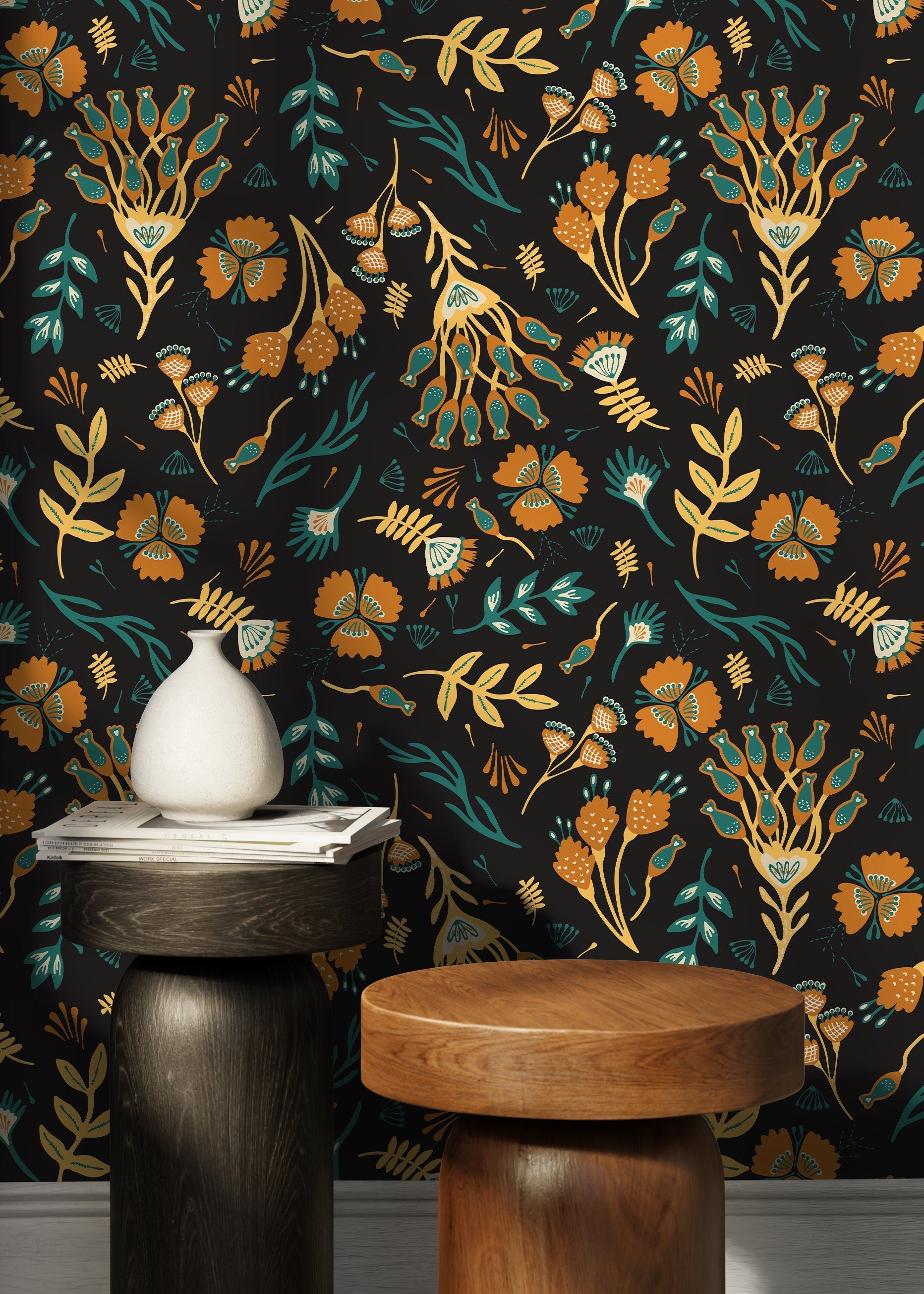 Botanical Wallpaper With A Folk Floral Motif In Yellow, Orange, And Teal - D360