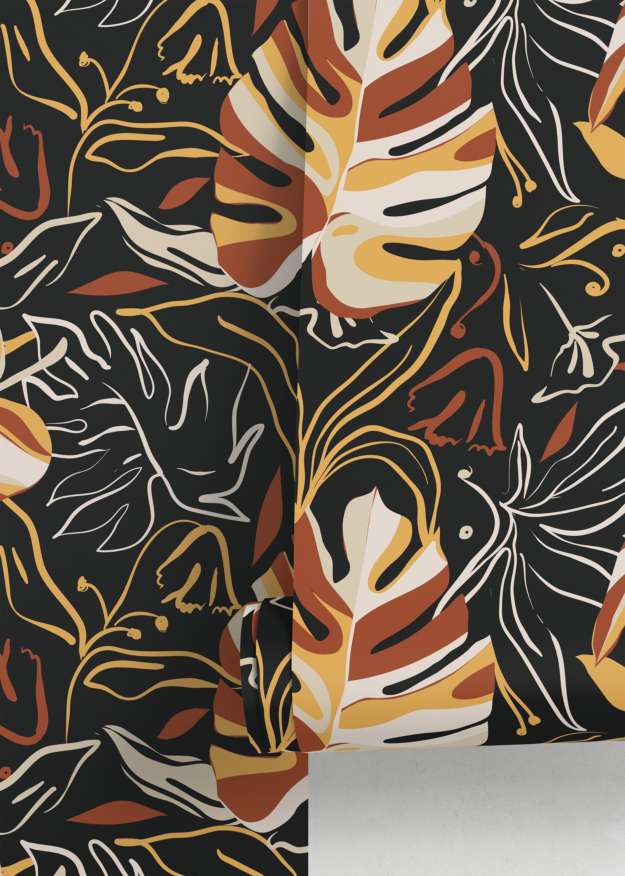 Abstract Botanical Wallpaper With Stylized Leaves In Terracotta, Ochre, And Beige - D367